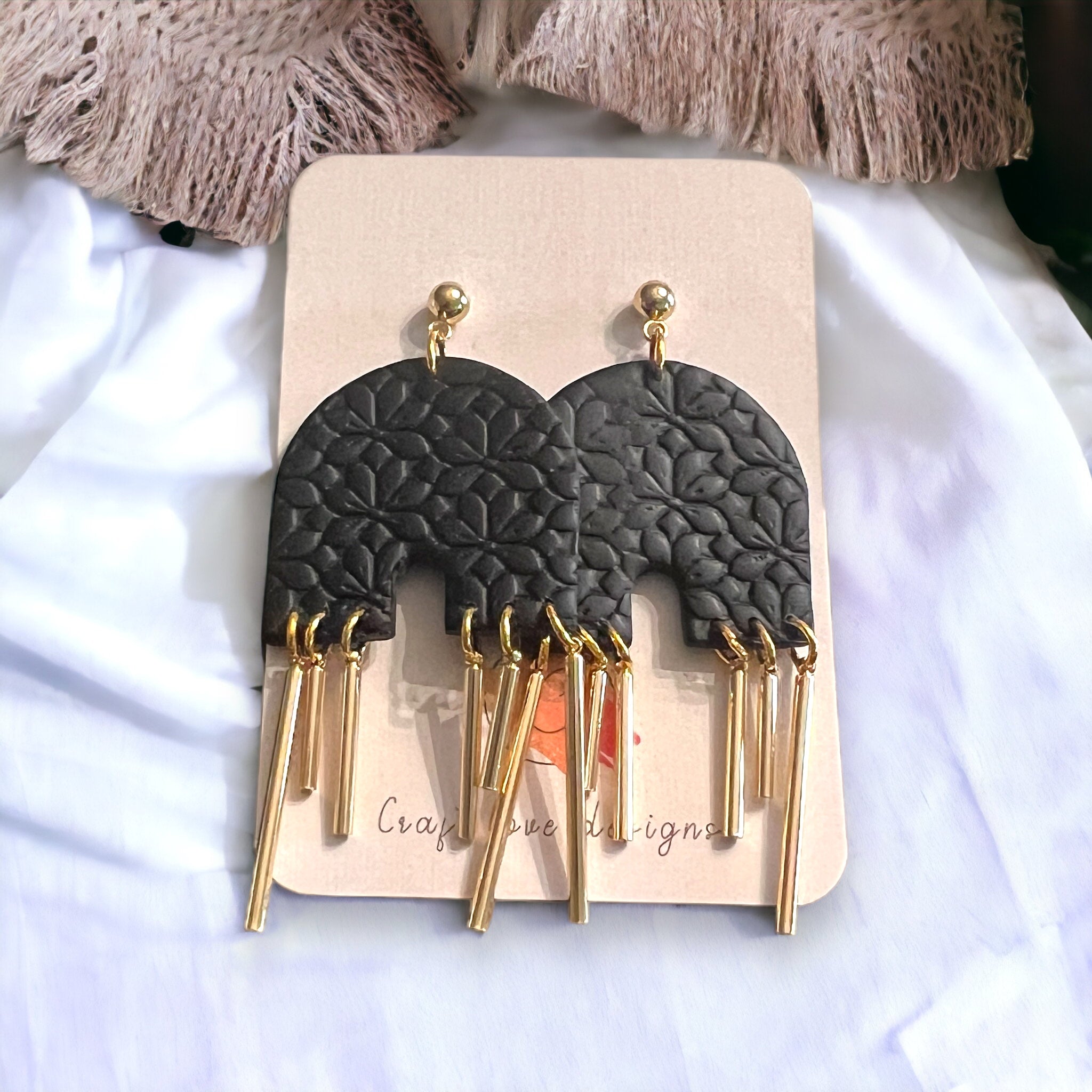 Black and Gold Textured Arch Dangle Earrings