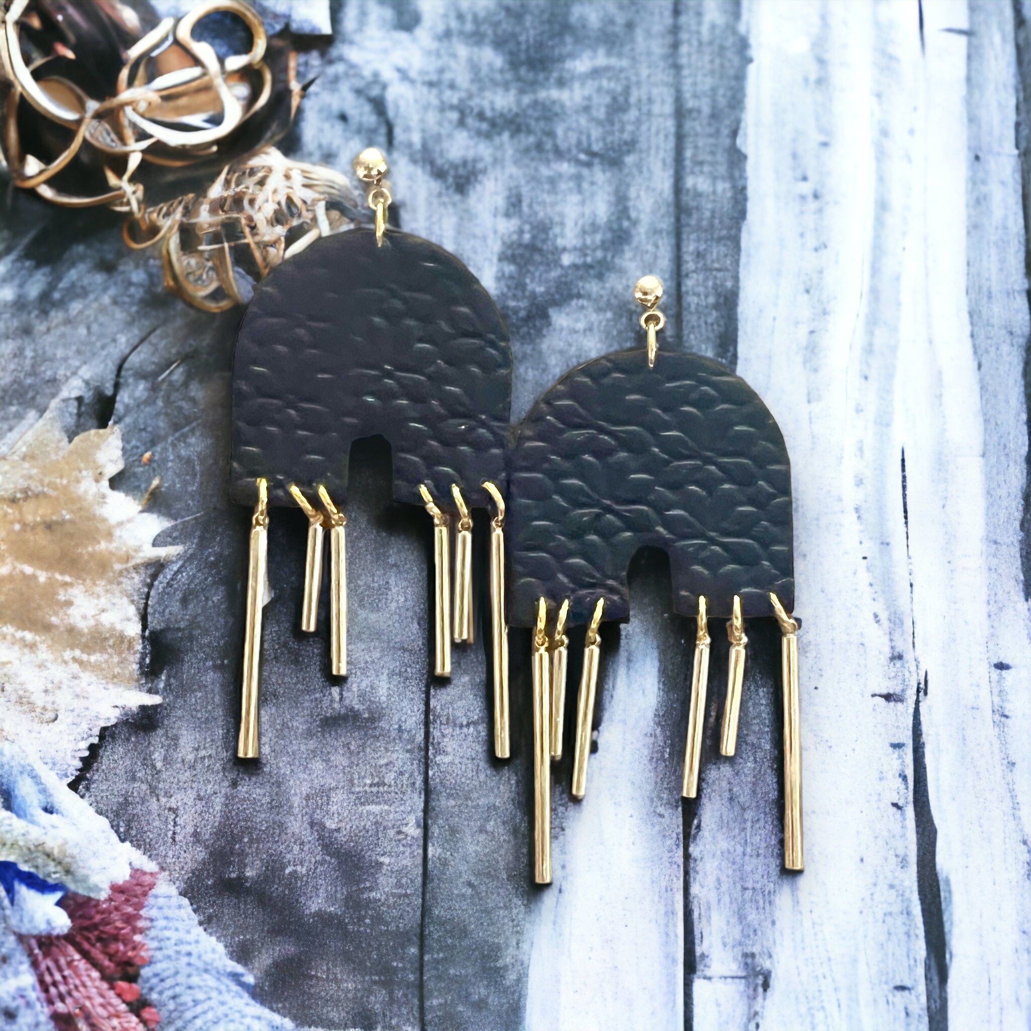 Black and Gold Textured Arch Dangle Earrings