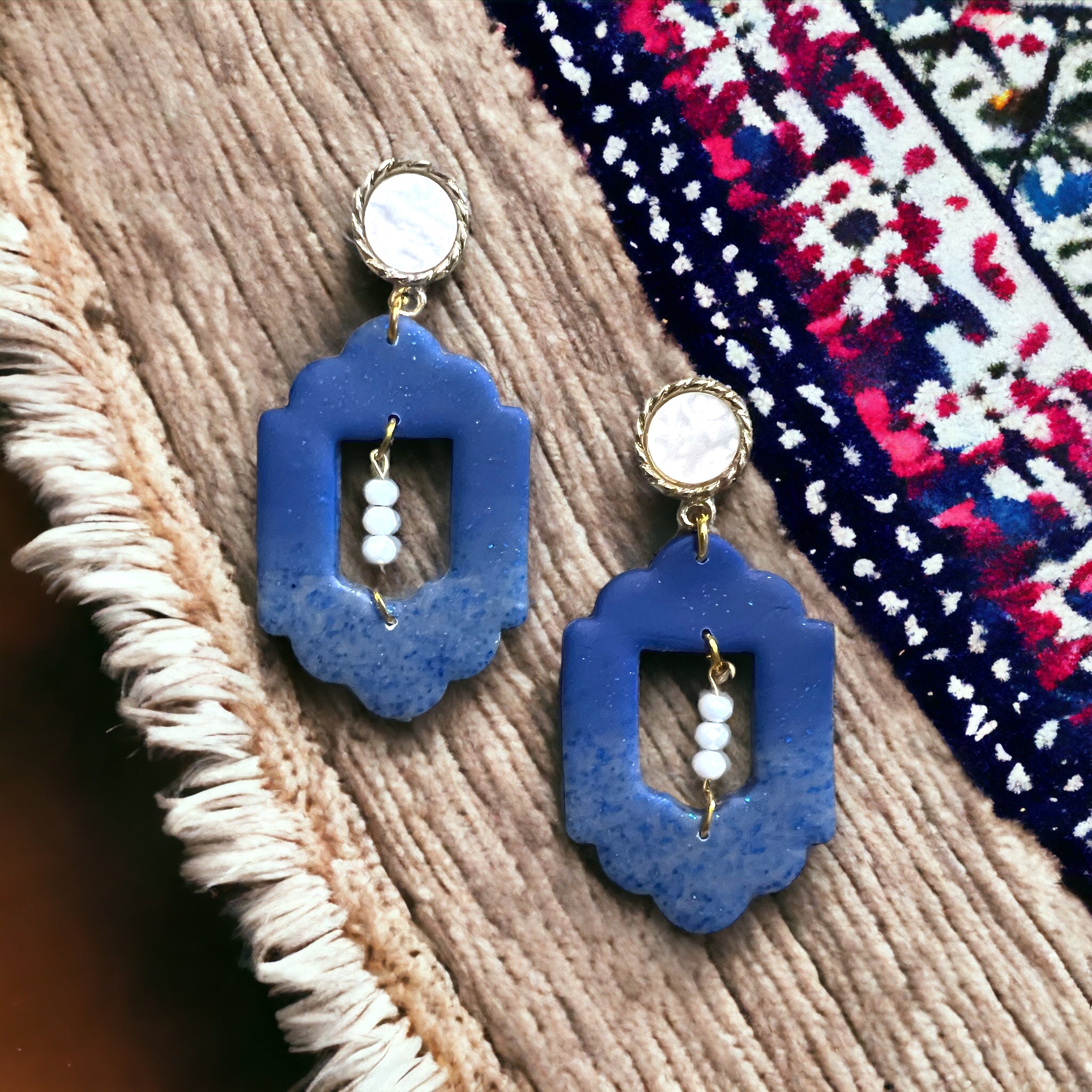 Blue Window Arch Design Dangle Earrings