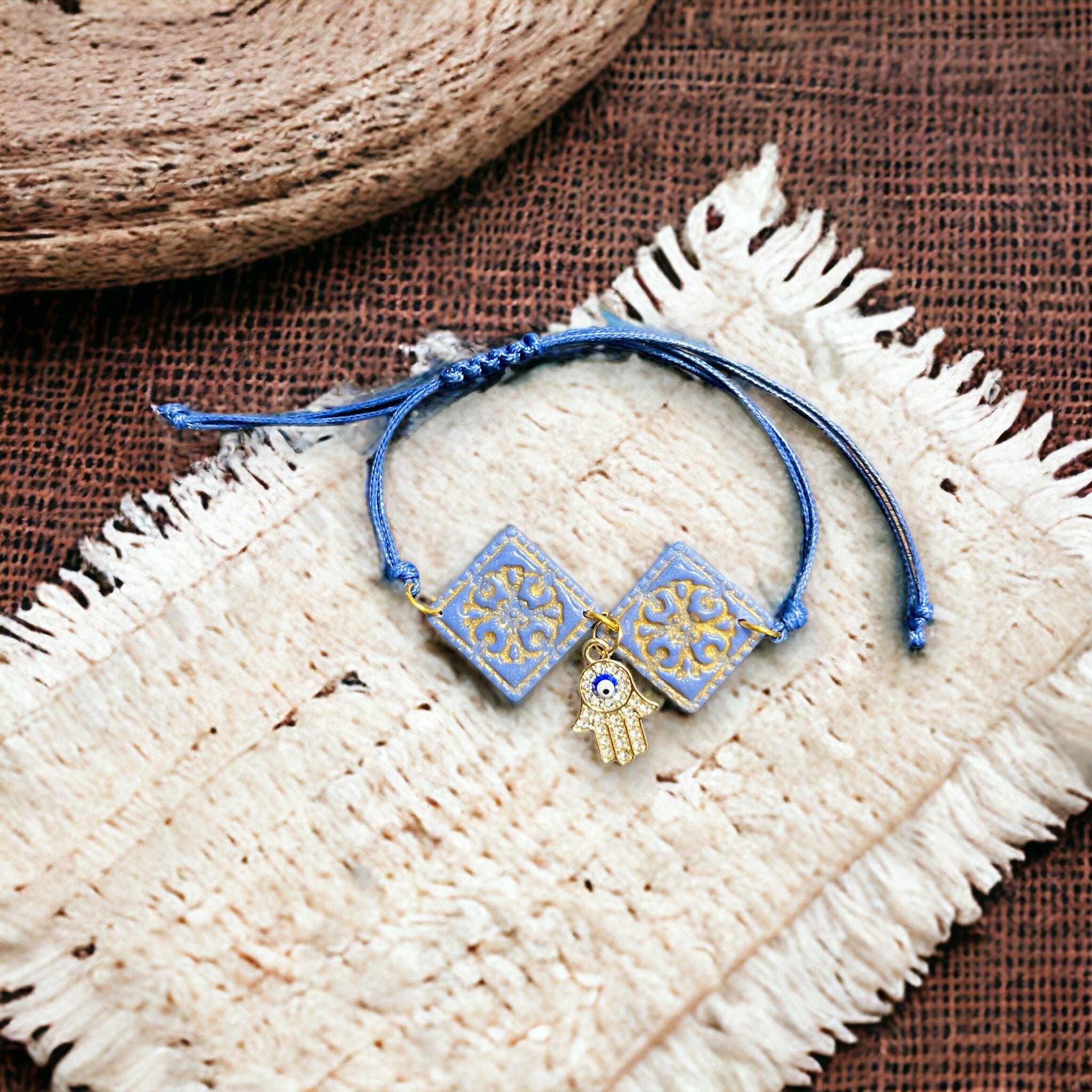 Blue and Gold Adjustable Mediterranean Tile Bracelet