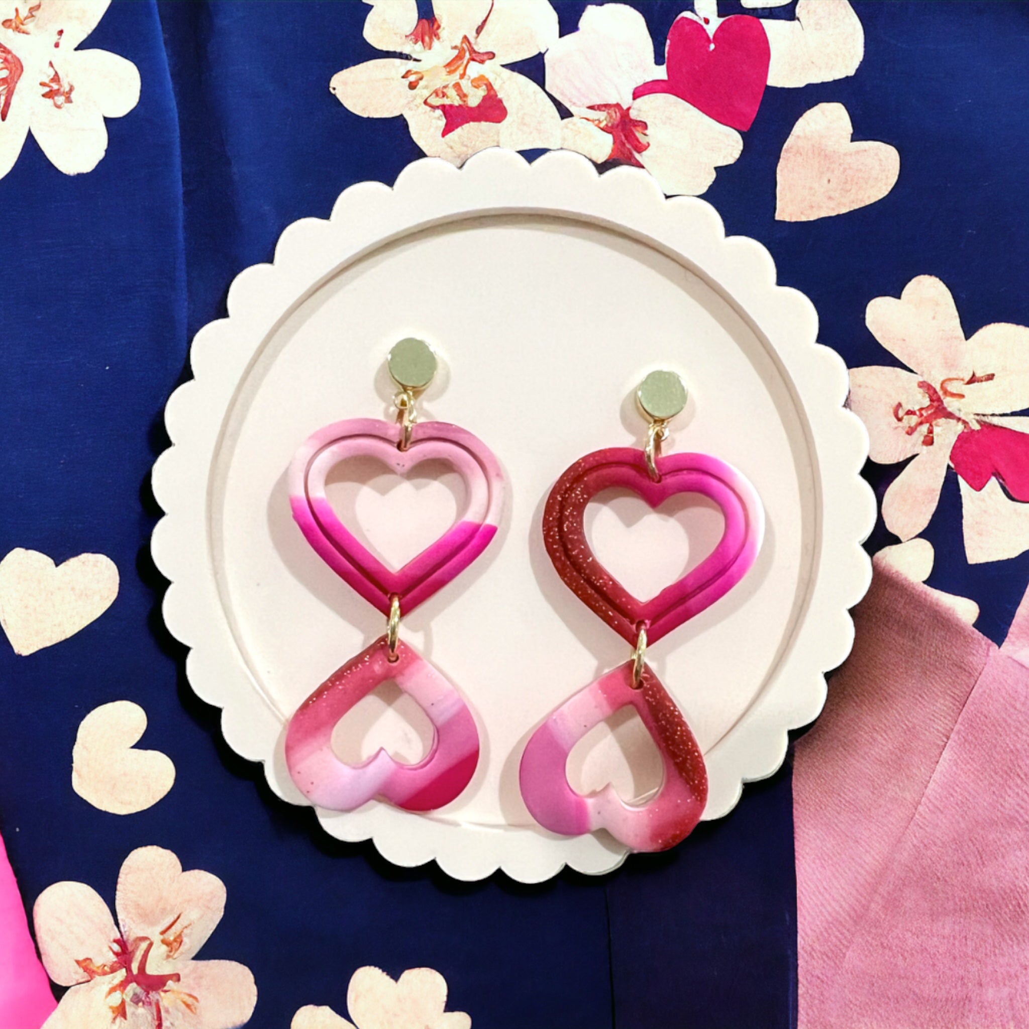 Hot Pink & White Double Heart Dangle Earrings