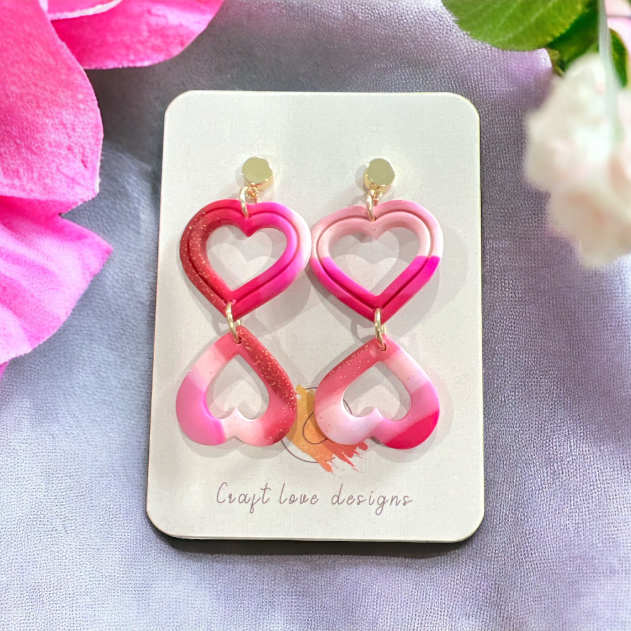 Hot Pink & White Double Heart Dangle Earrings