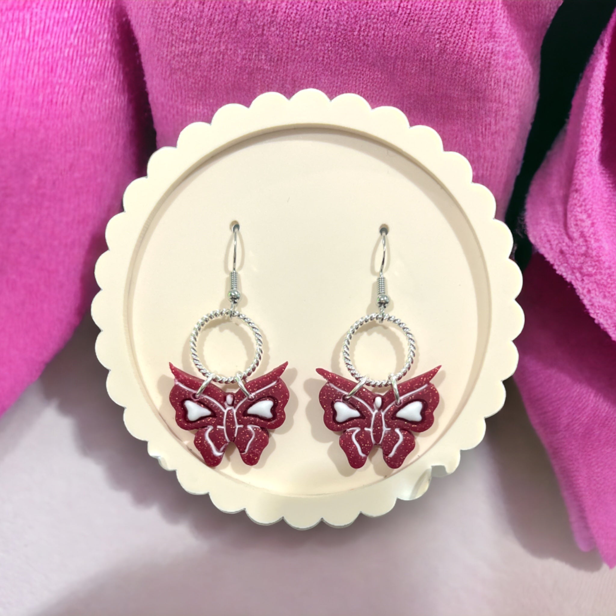 Pink and White Butterly Heart Dangle Earrings