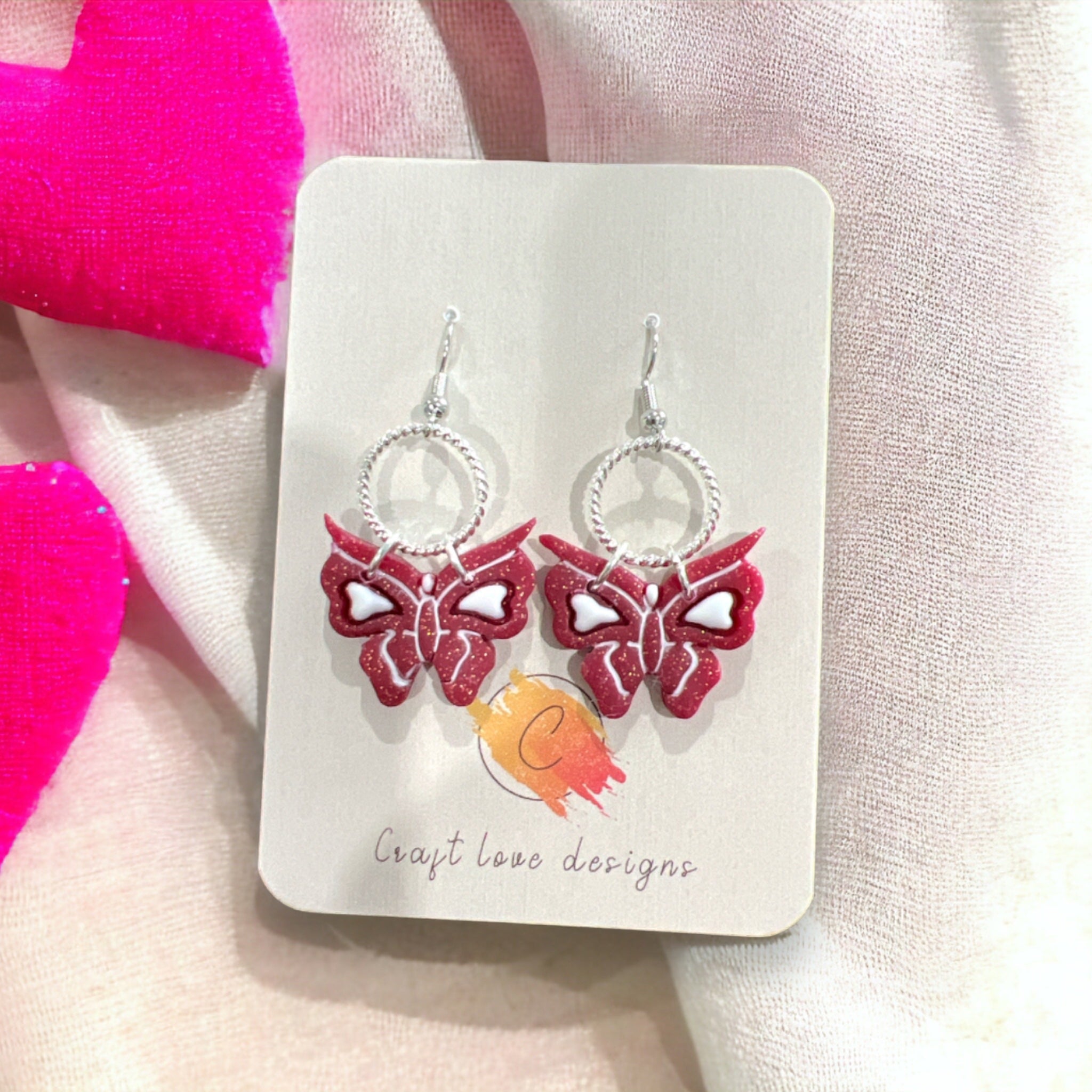 Pink and White Butterly Heart Dangle Earrings