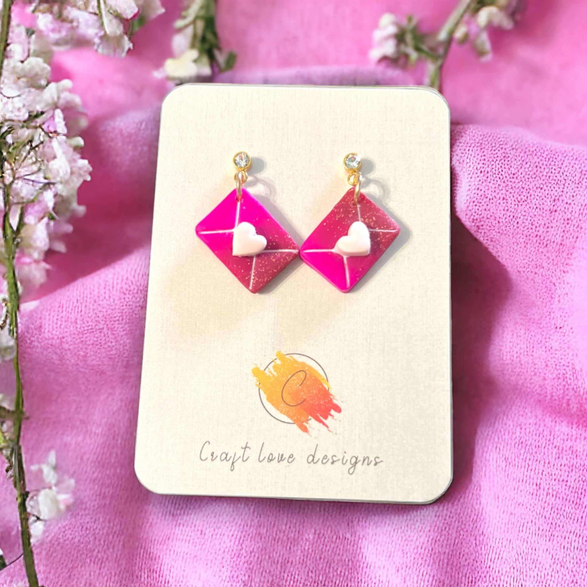 Hot Pink & White Letter Heart Dangle Earrings