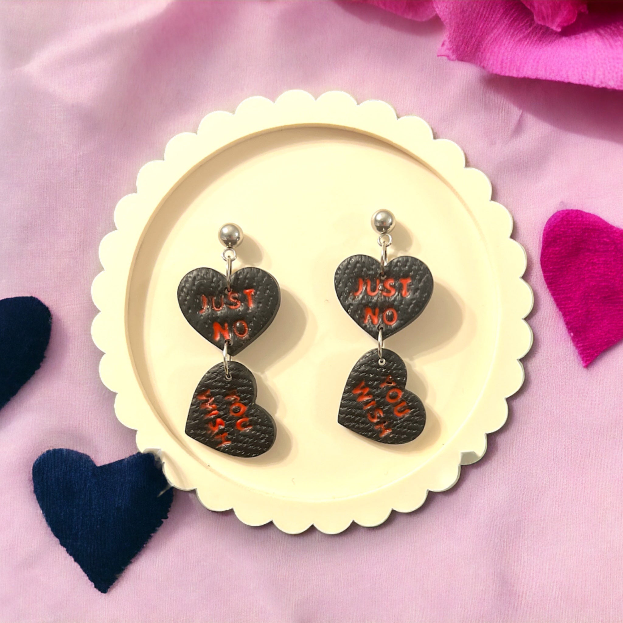 Black Conversation Hearts - Just NO, You Wish Dangle Earrings