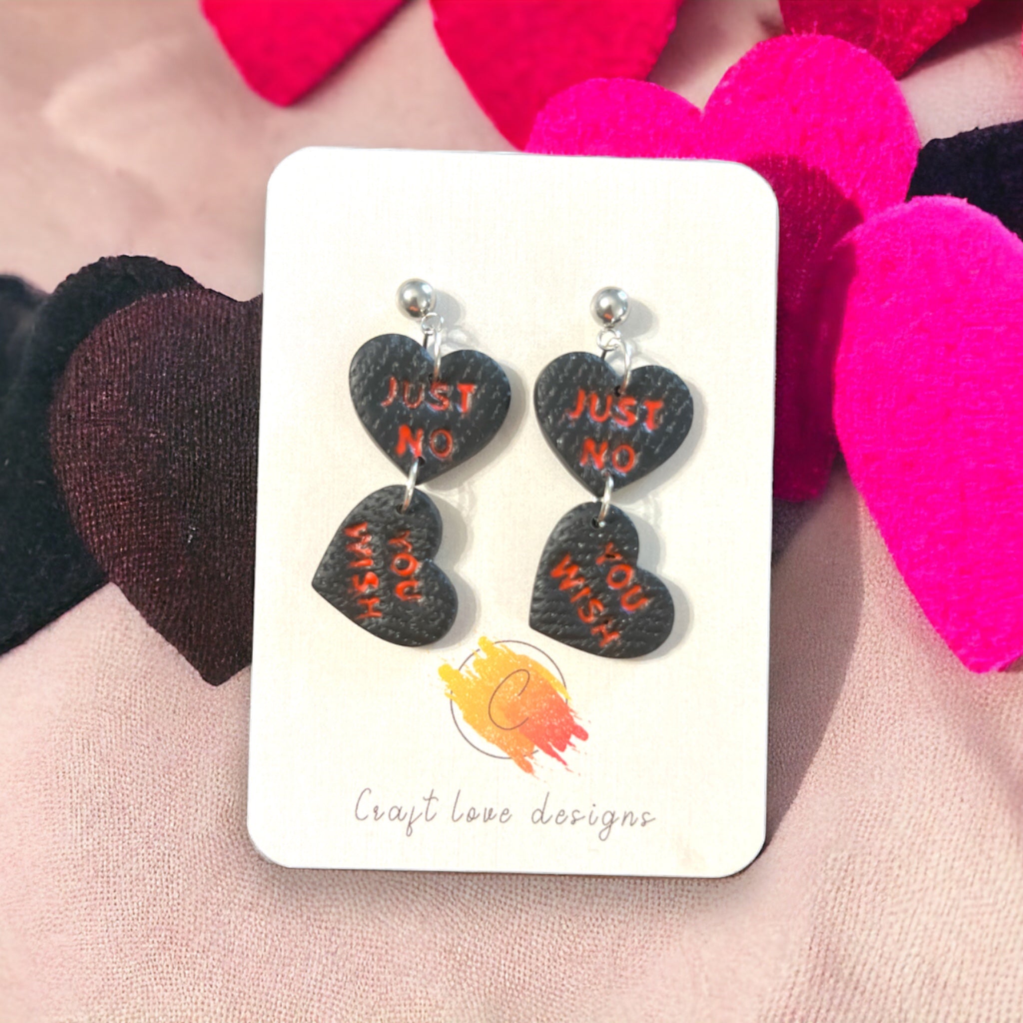 Black Conversation Hearts - Just NO, You Wish Dangle Earrings