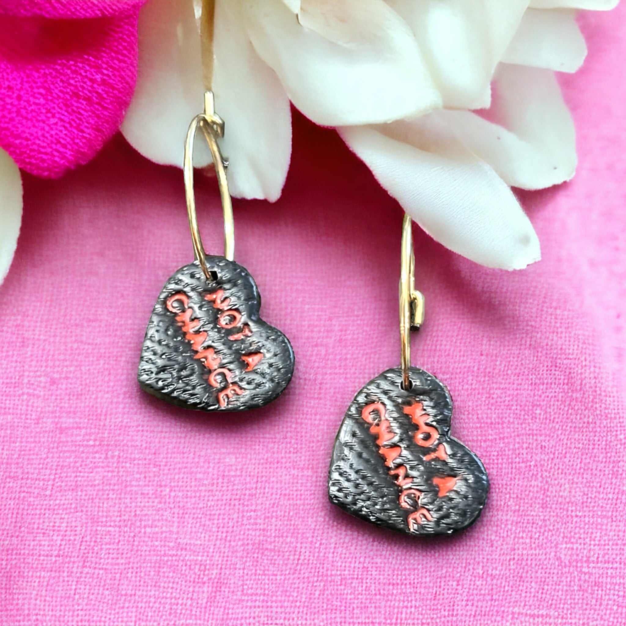 Black “Not A Chance” Conversation Heart Hoop Dangle Earrings