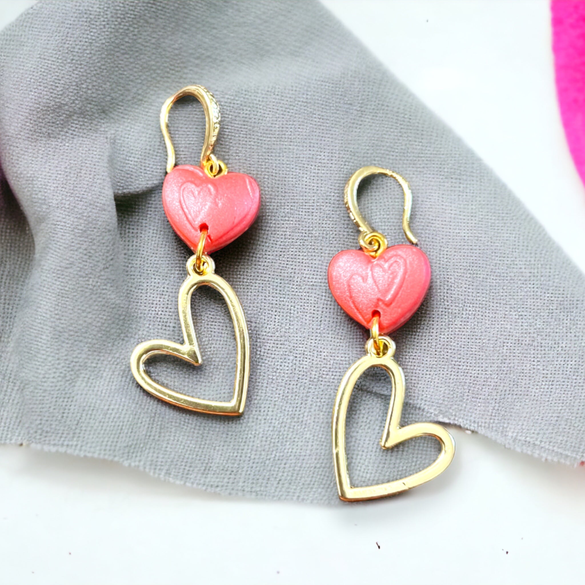 Pink & Gold Double Heart Drop Dangle Earrings