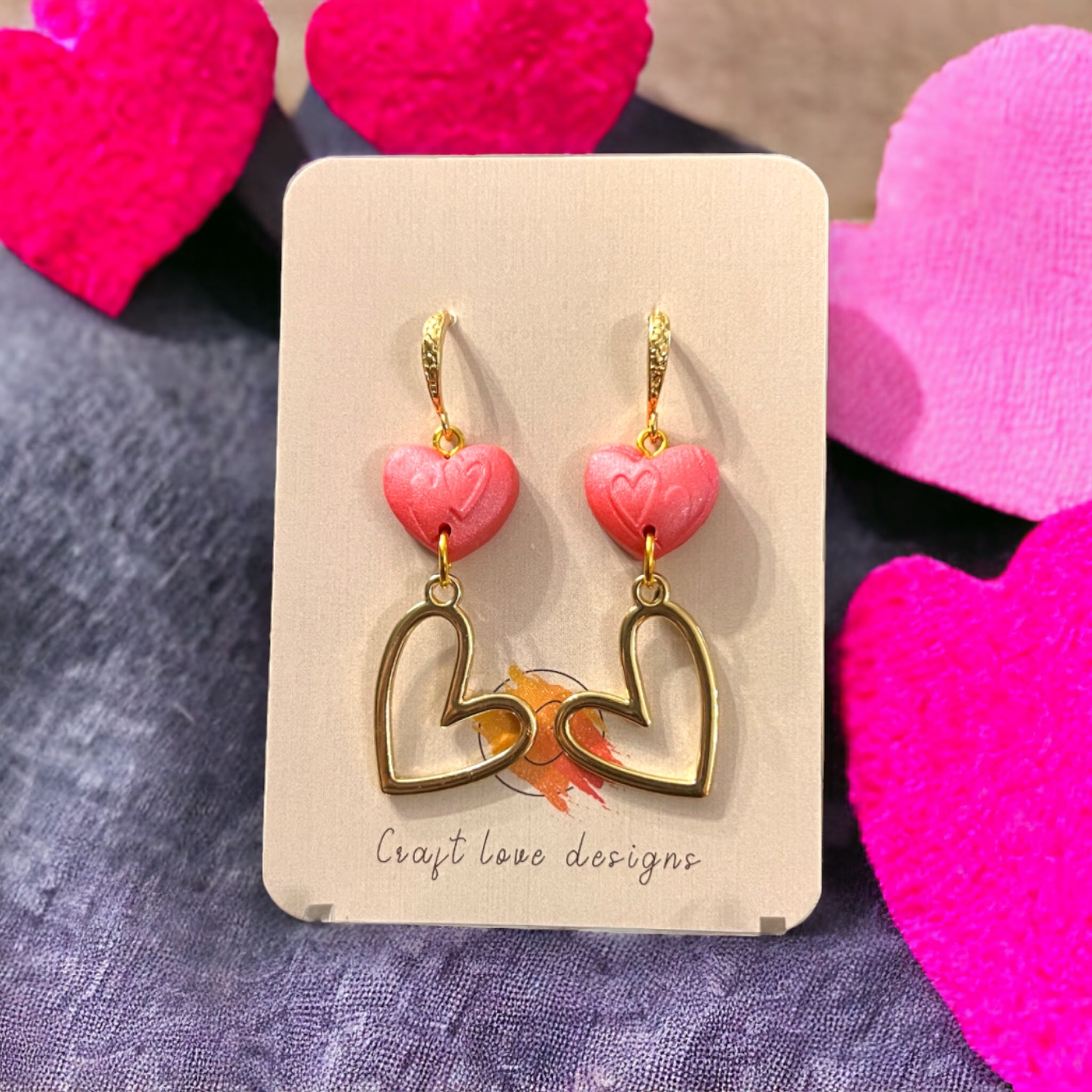 Pink & Gold Double Heart Drop Dangle Earrings