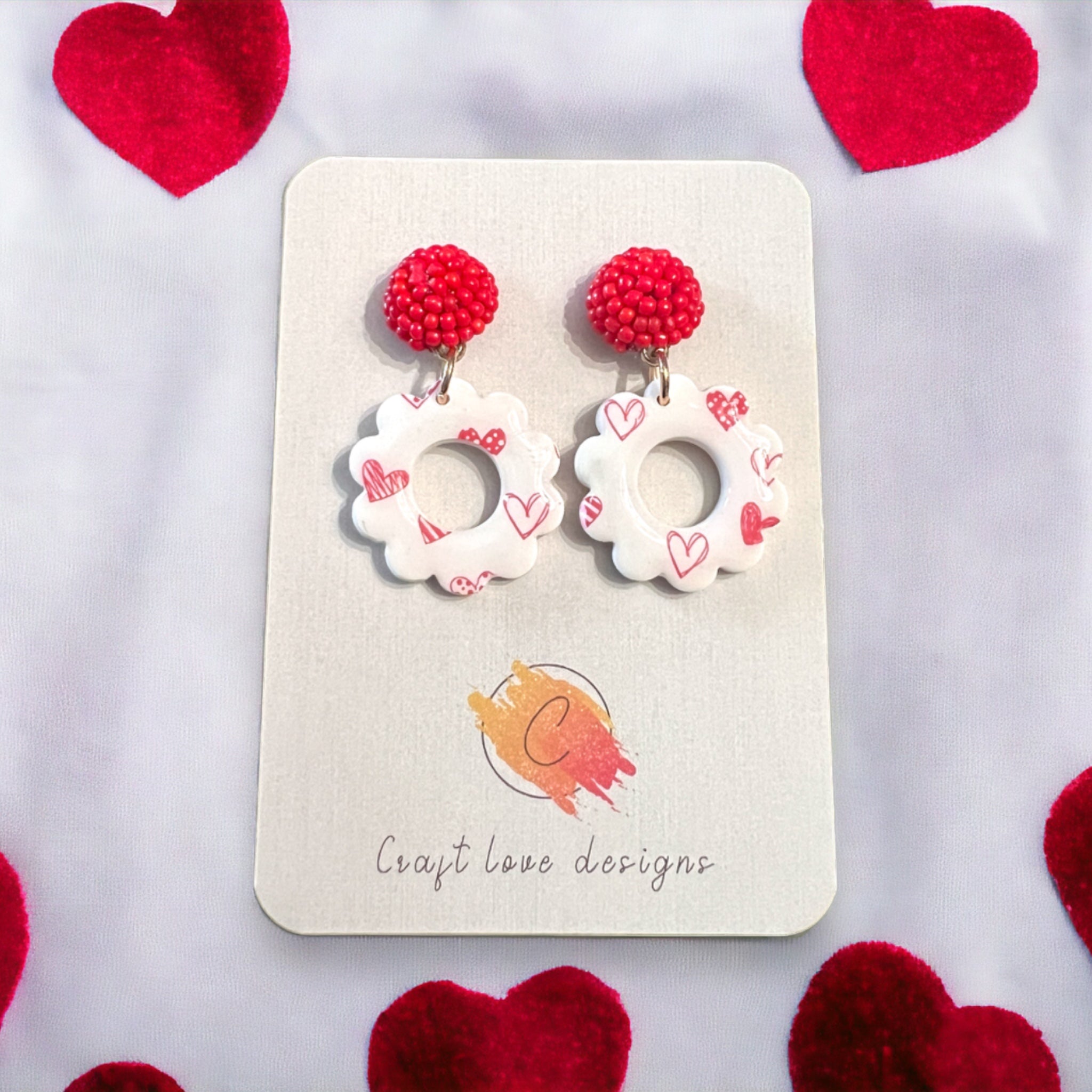 Red & White Daisy Heart Drop Dangle Earrings