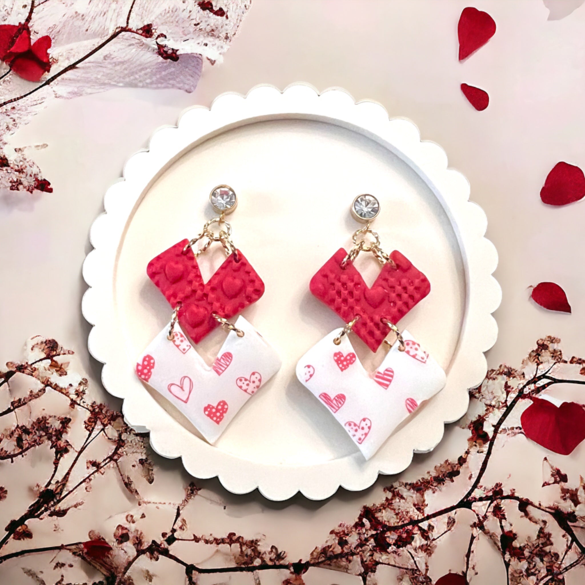 Red & White Double Heart Dangle Earrings