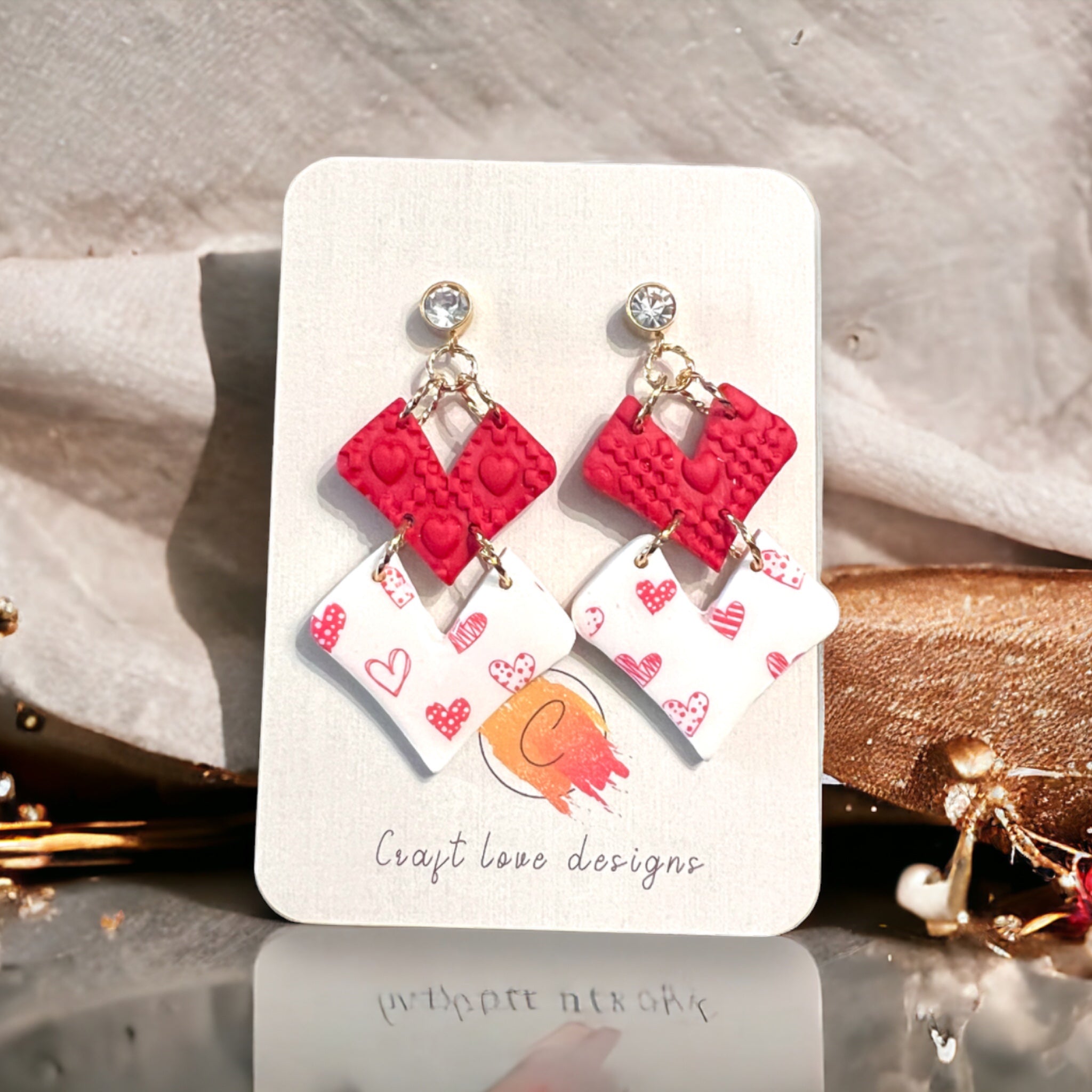 Red & White Double Heart Dangle Earrings