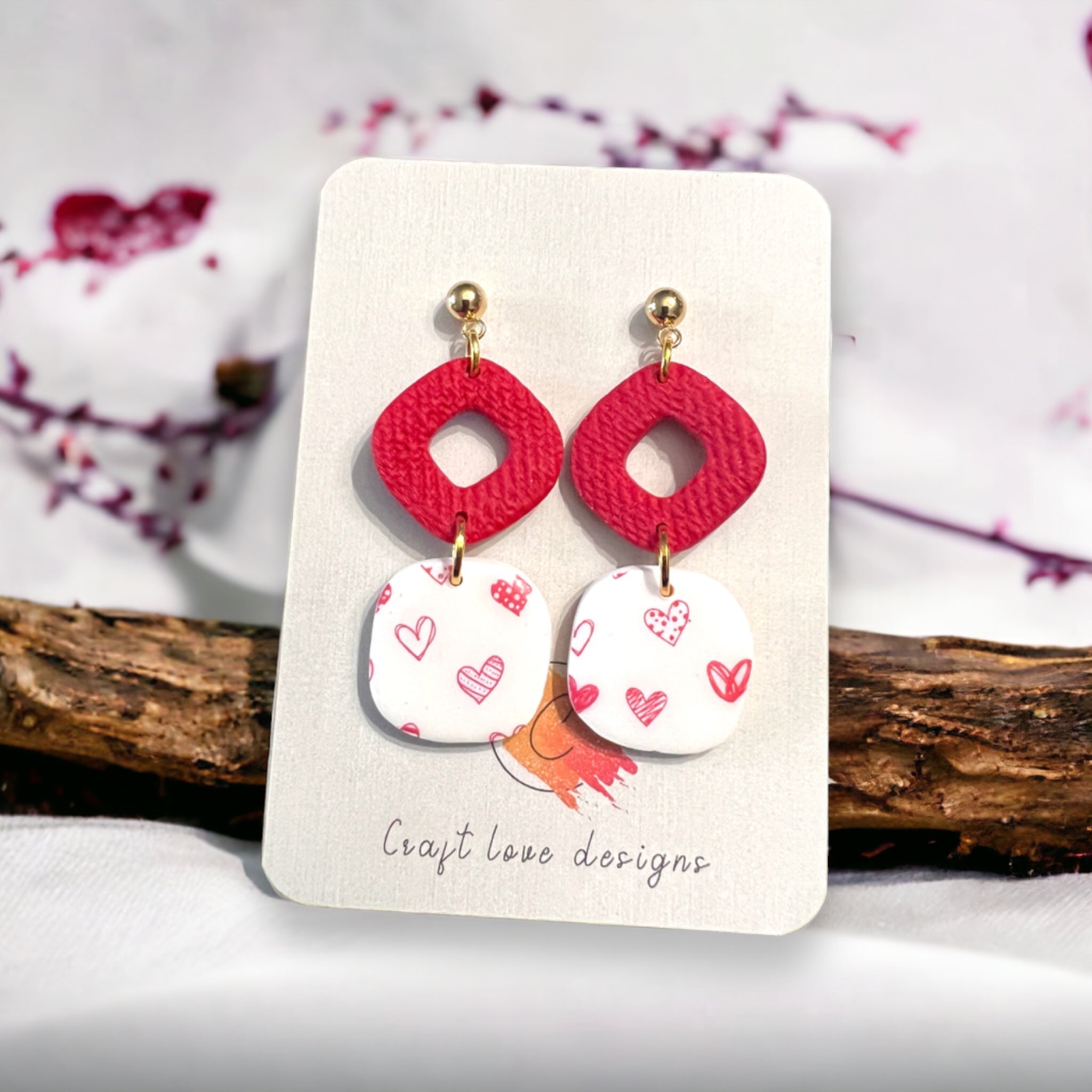 Red & White Puffy Square Dangle Earrings