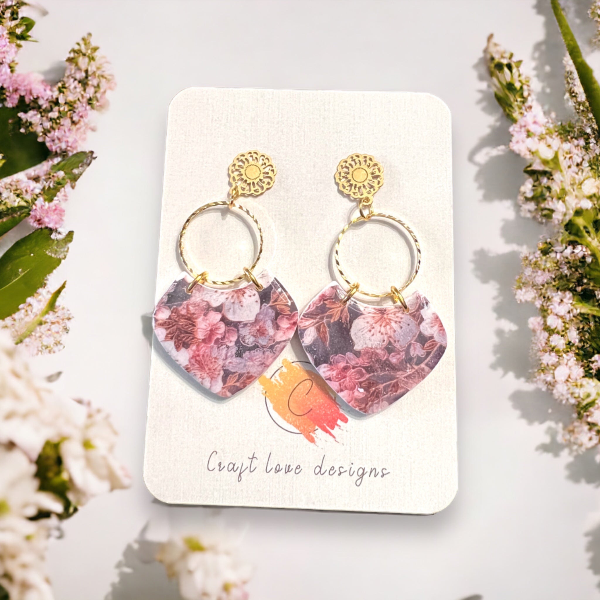 Pink Flower Print Dangle Earrings