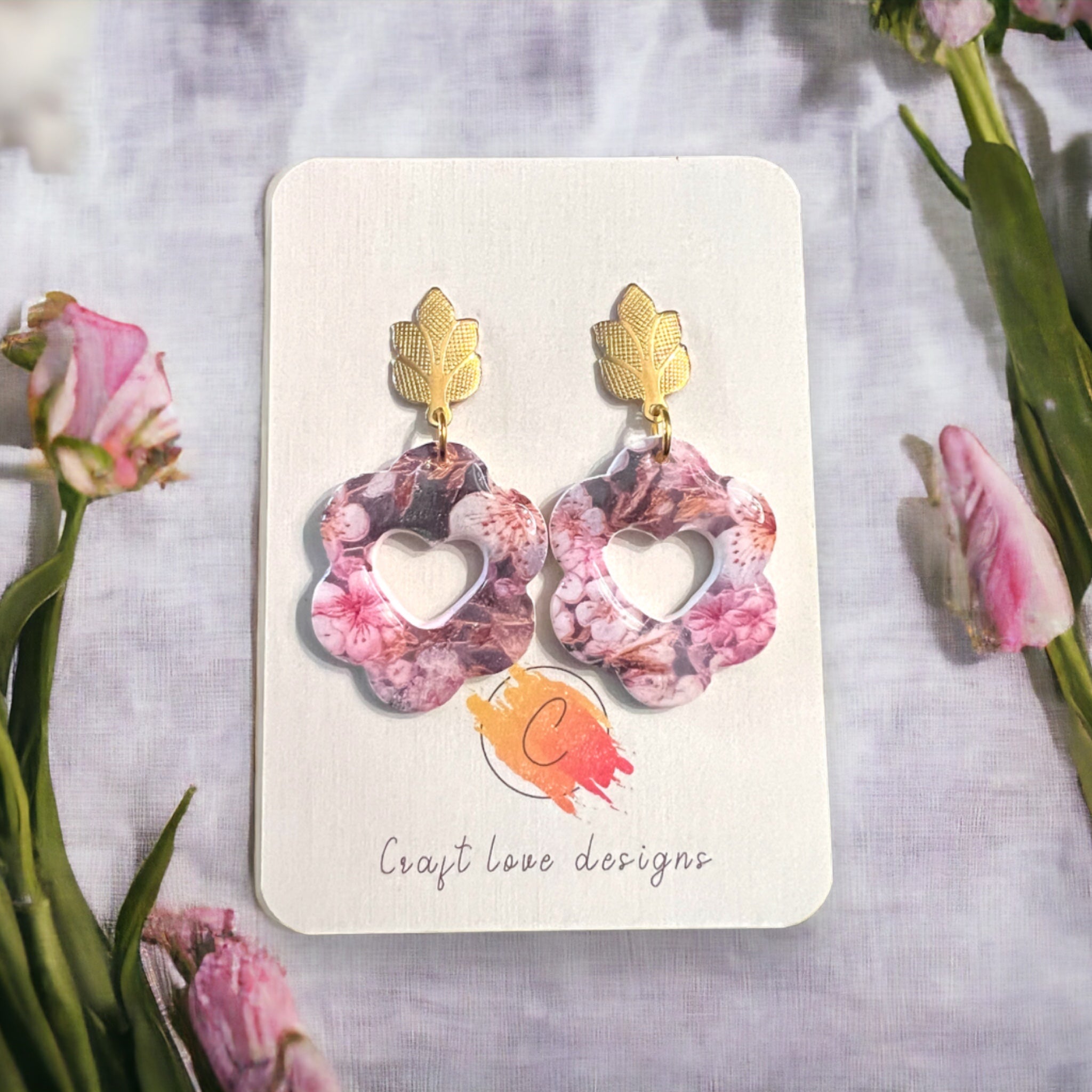 Pink Flower Heart Cut Out Dangle Earrings