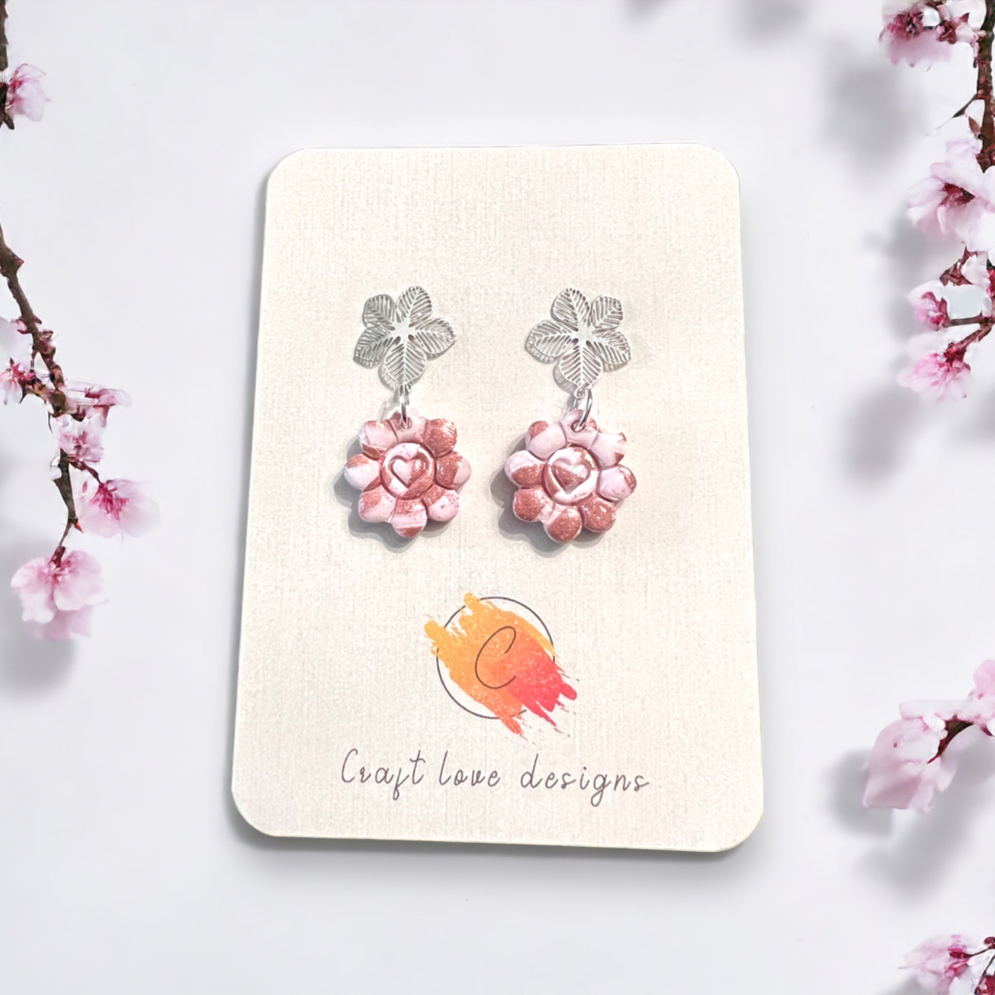 Pinkish Flower Heart Dainty Dangle Earrings