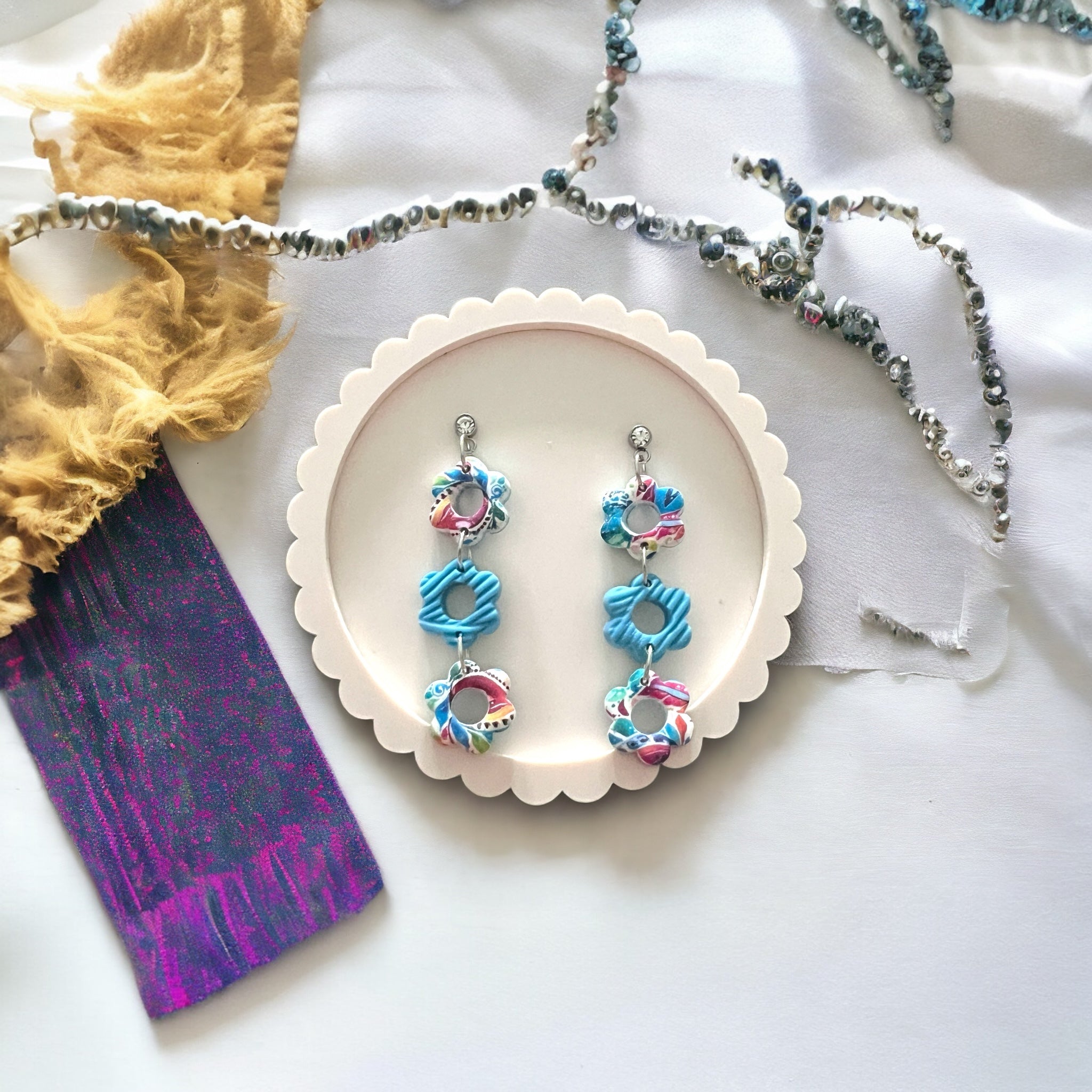 Blue and Purple Flower Drop Mardi Gras Inspired Earrings