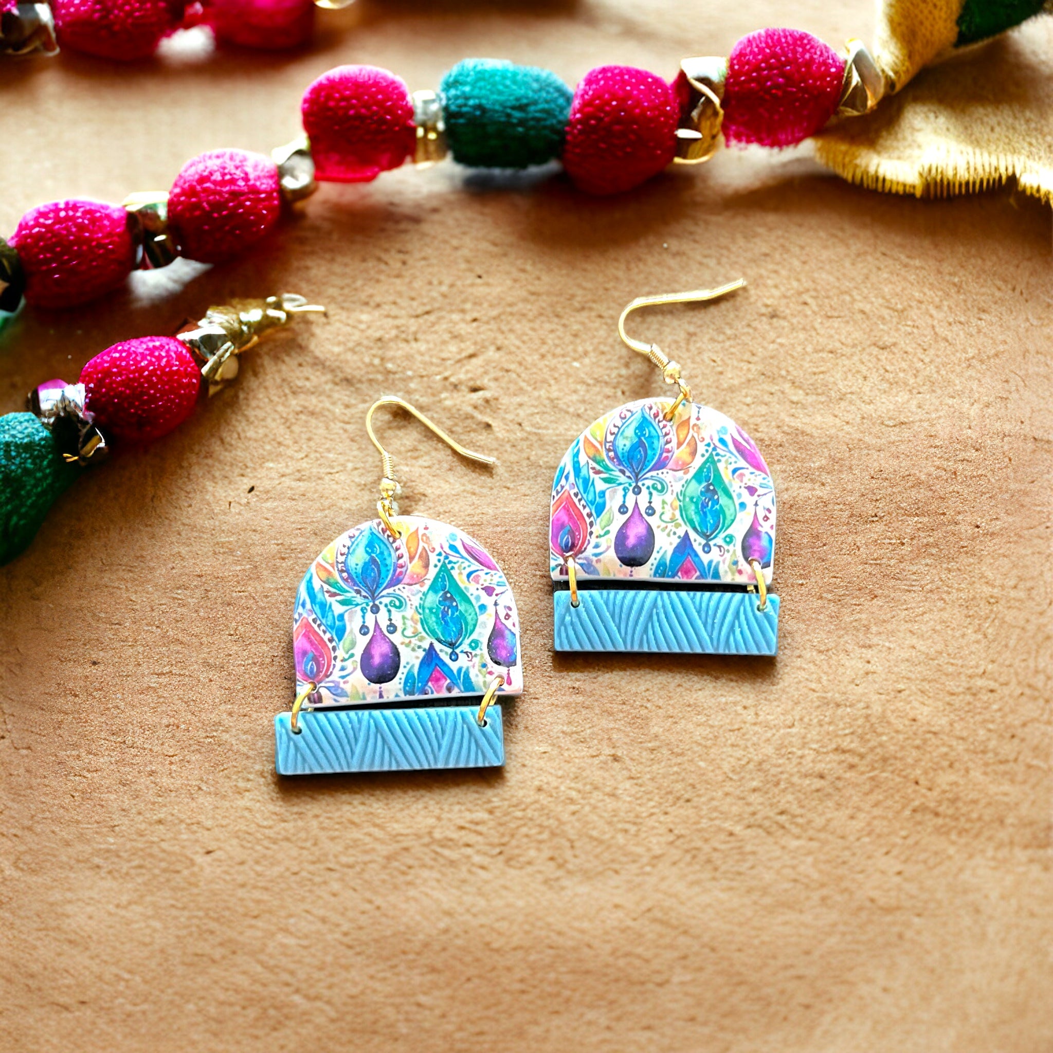 Blue, Purple and Gold Window Mardi Gras Inspired Dangle Earrings