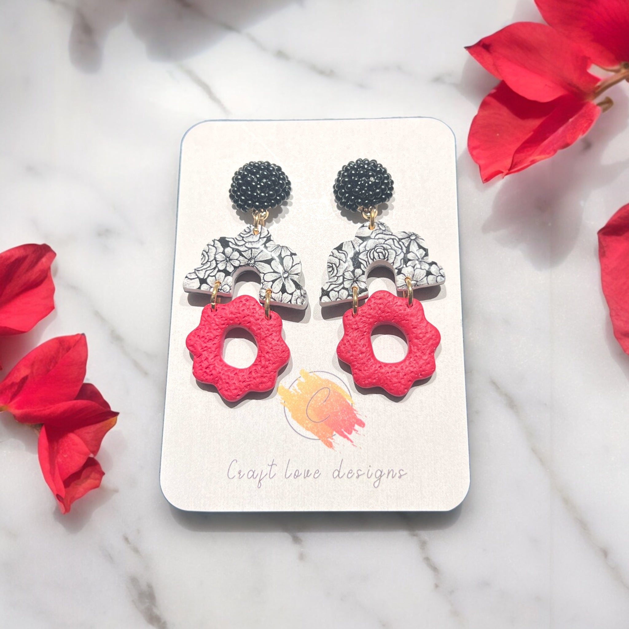 Red, White and Black Flower Dangle Earrings