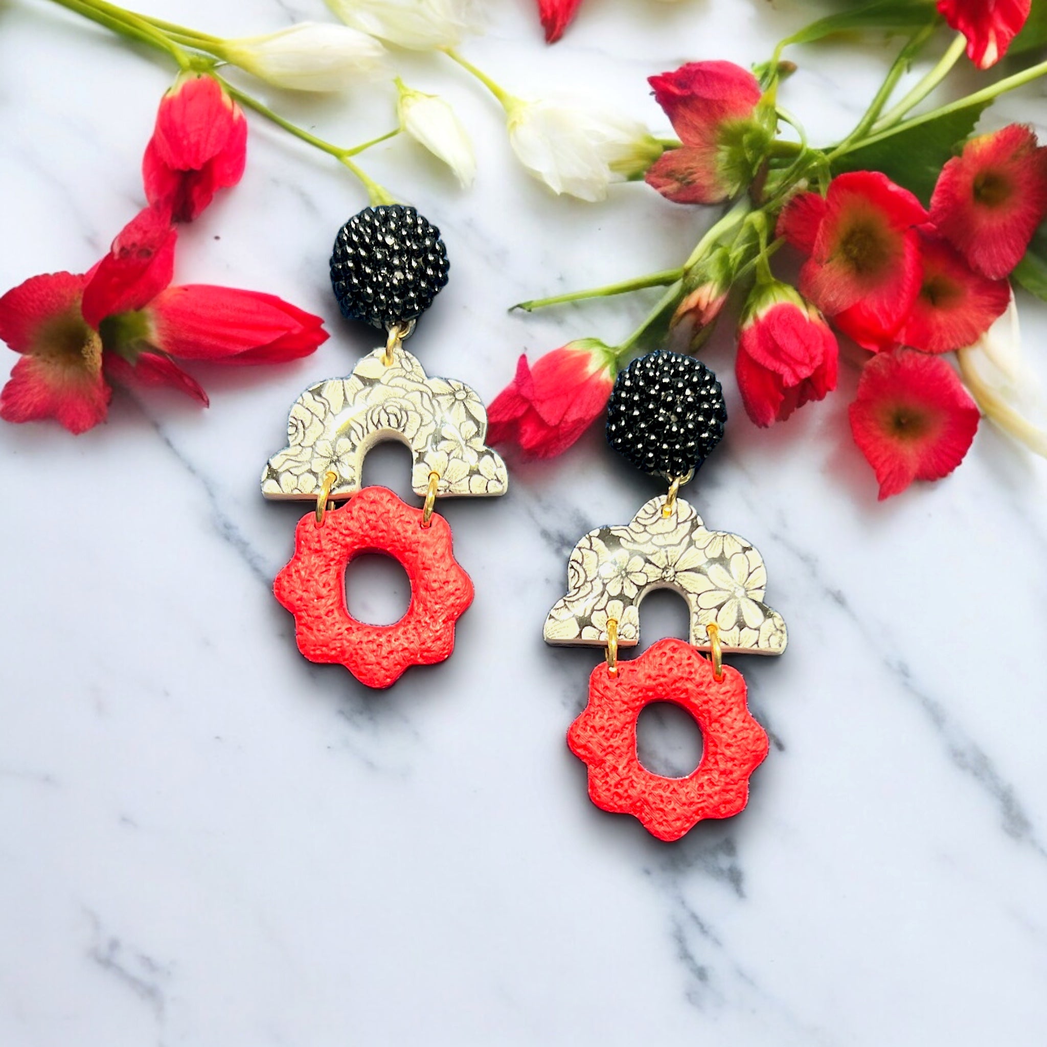 Red, White and Black Flower Dangle Earrings