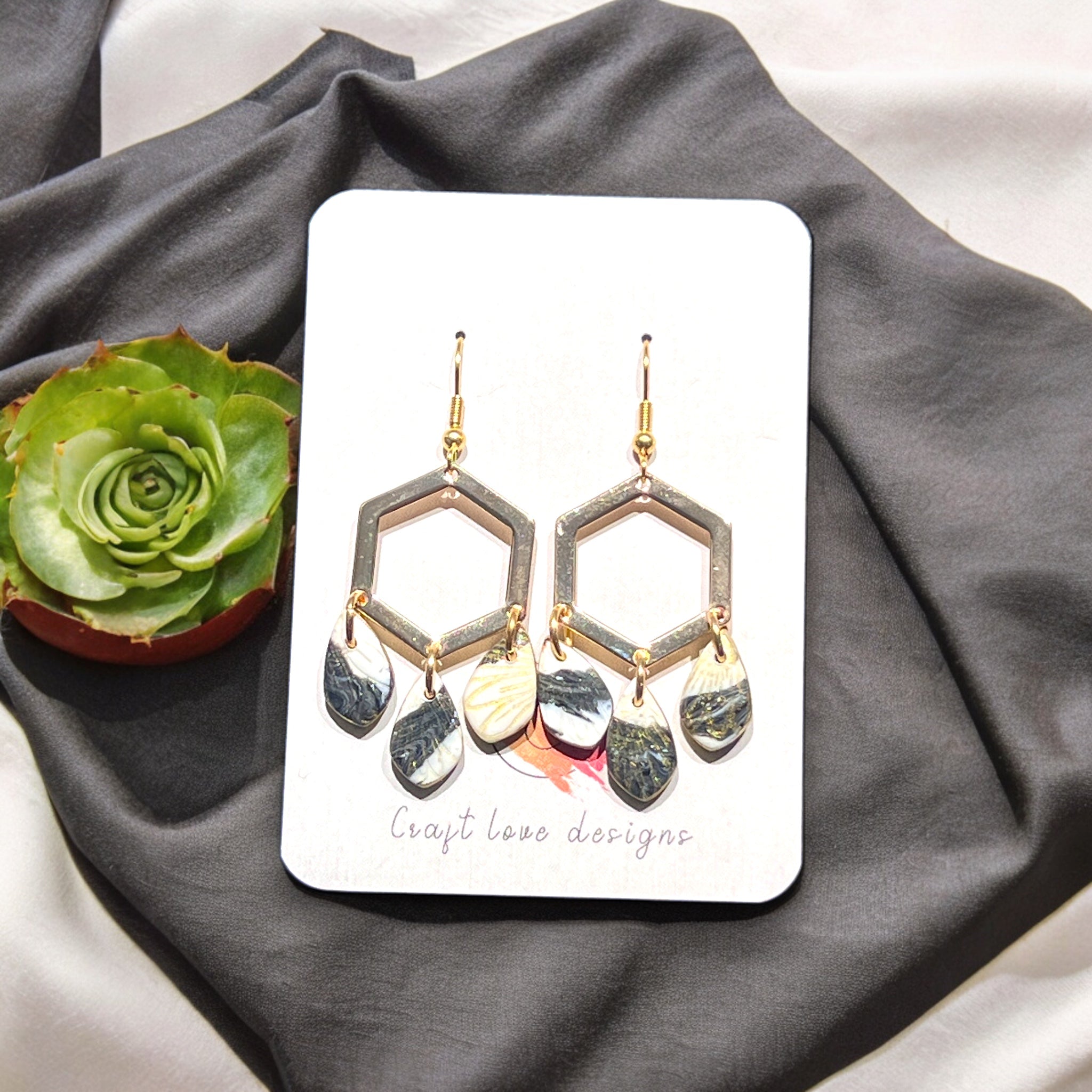 Black and White, Gold Accent Dangle Earrings