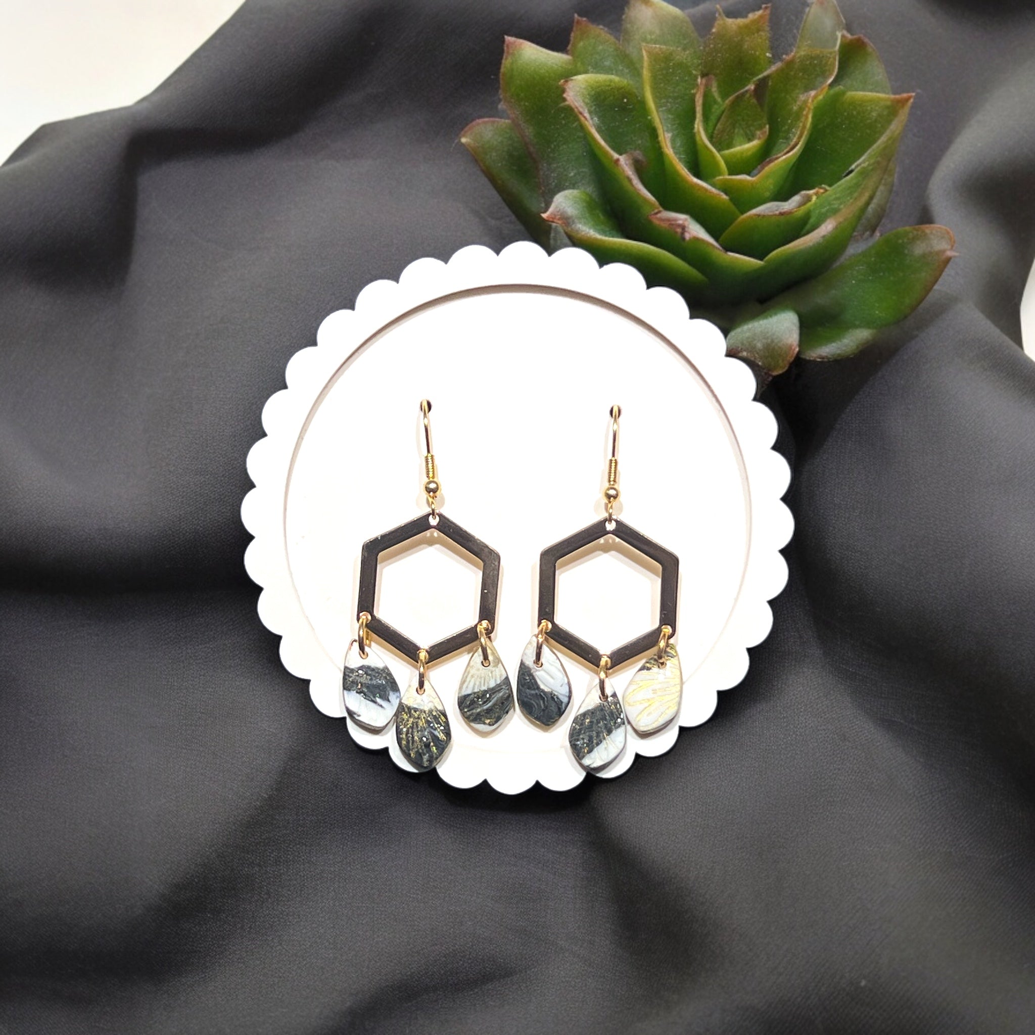 Black and White, Gold Accent Dangle Earrings