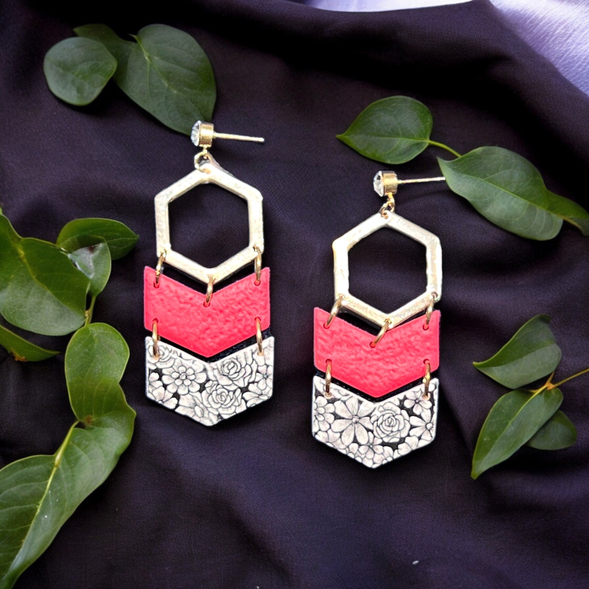 Red, White and Black Flower Pattern Dangle Earrings