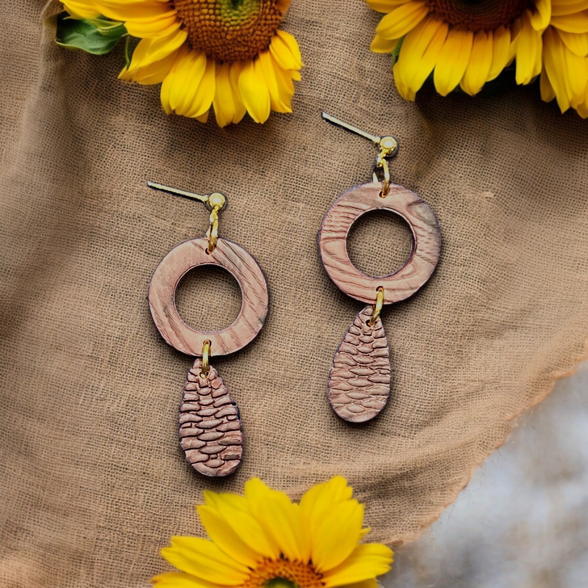 Wood Color Geometric Pine Cone Earring Dangles