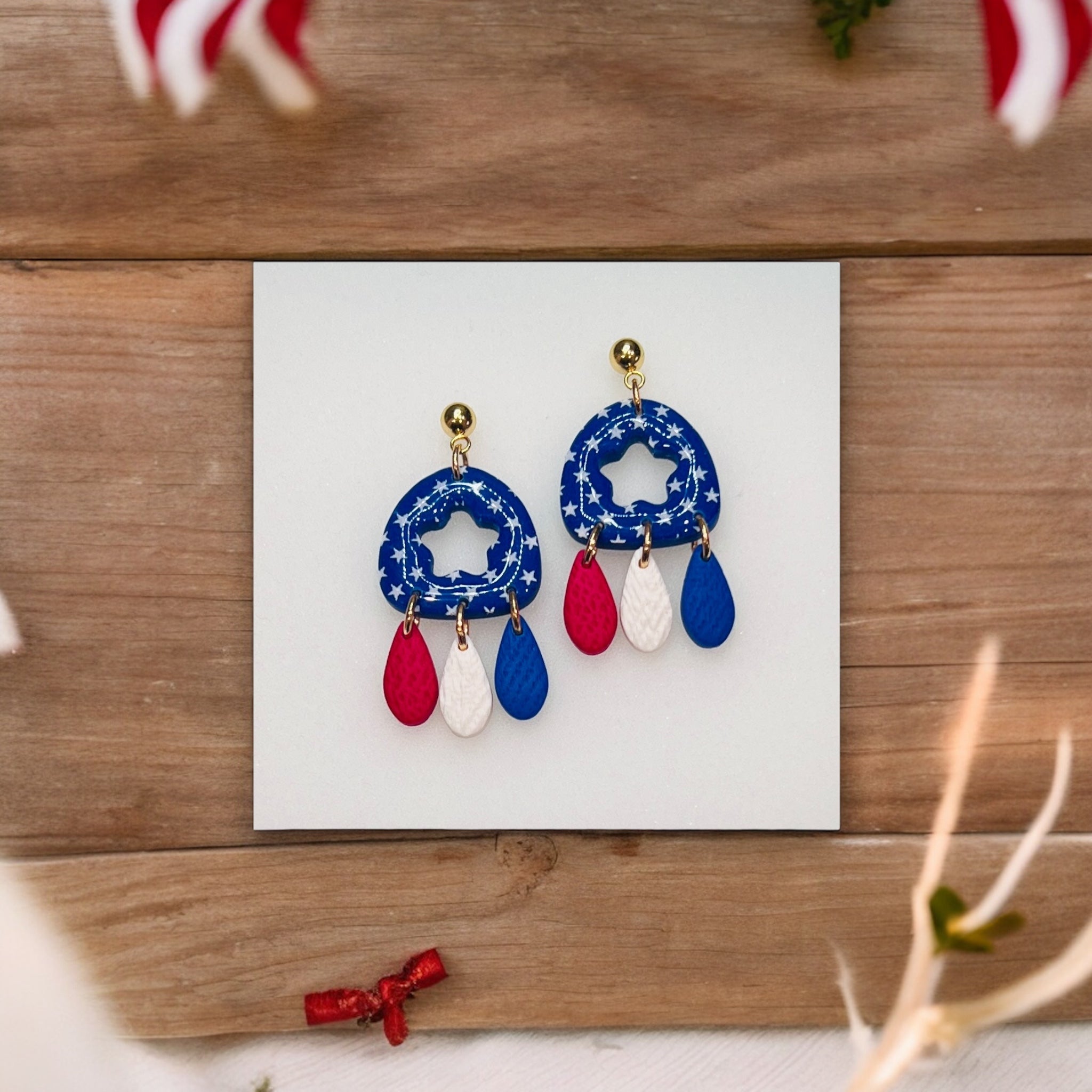 Unique 4th of July Polymer Clay Dangle Earrings in Red, White & Blue