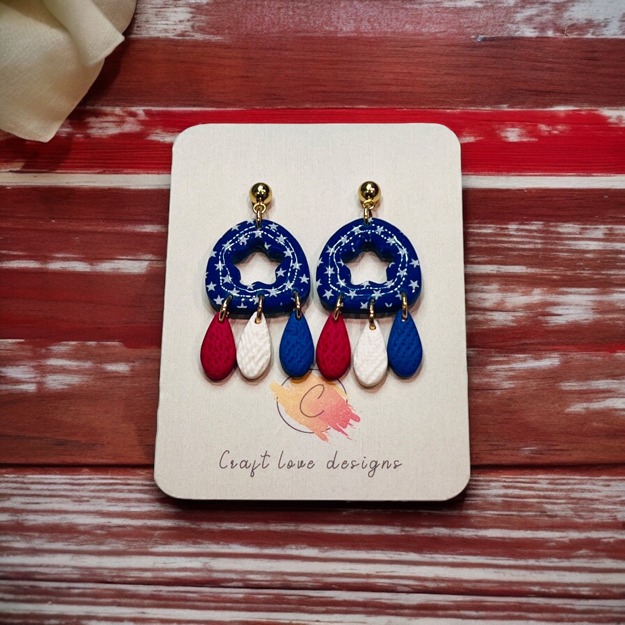 Unique 4th of July Polymer Clay Dangle Earrings in Red, White & Blue