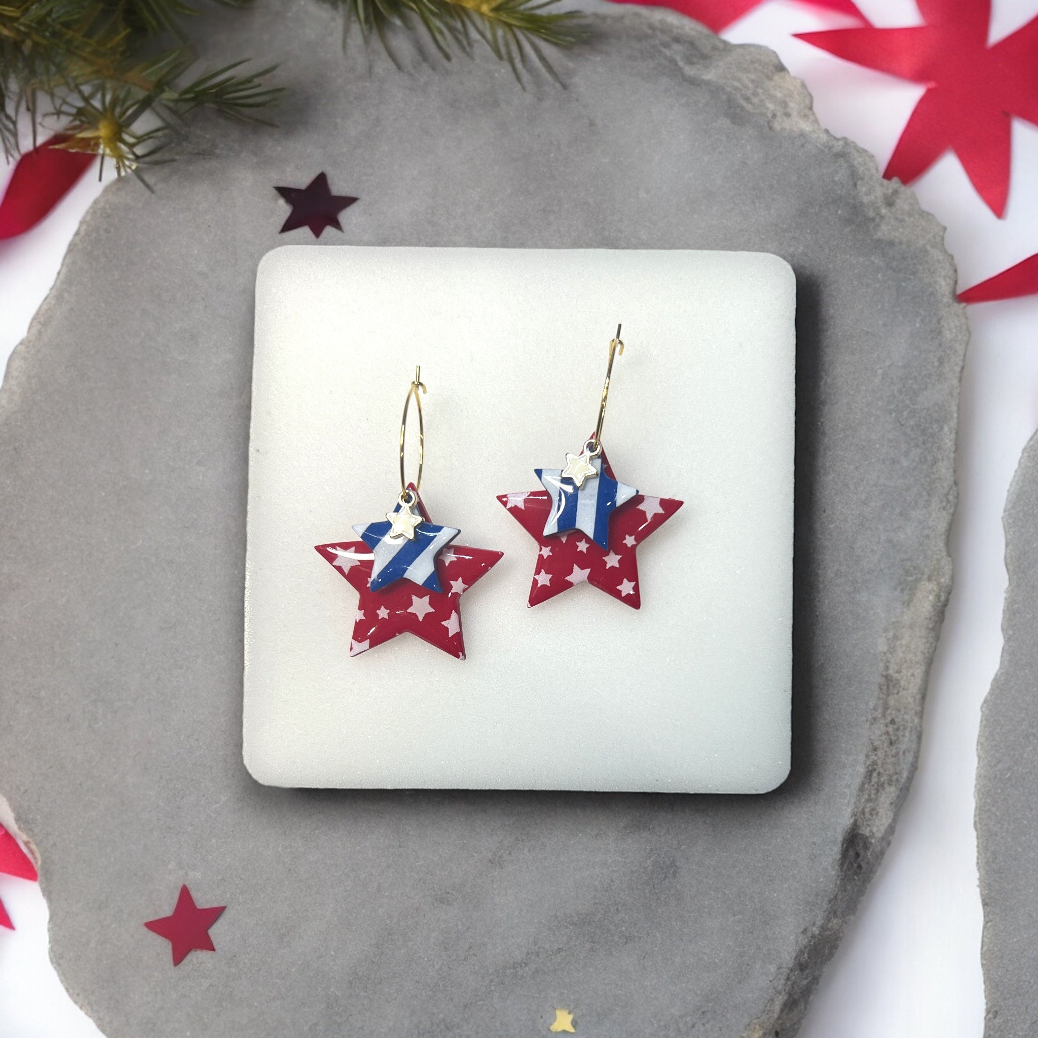 Handmade 4th of July Earrings – Unique Red, White, and Blue Star Hoops