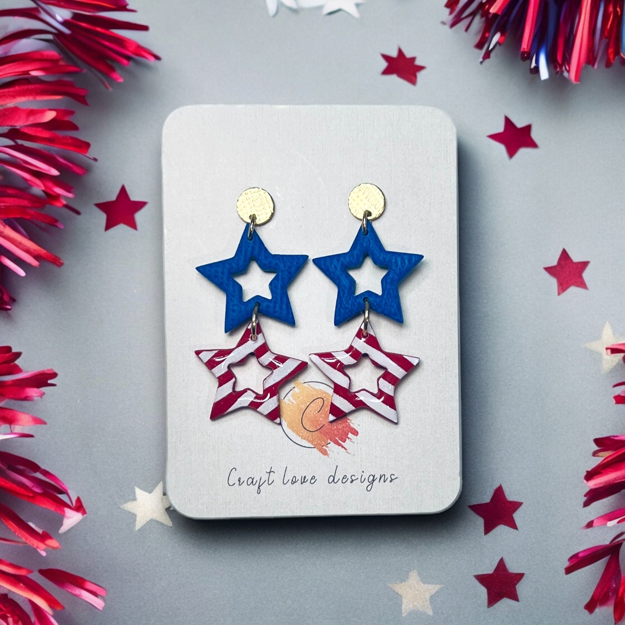 4th of July – Polymer Clay, Red, White, Blue, Double Dangle Star Earrings