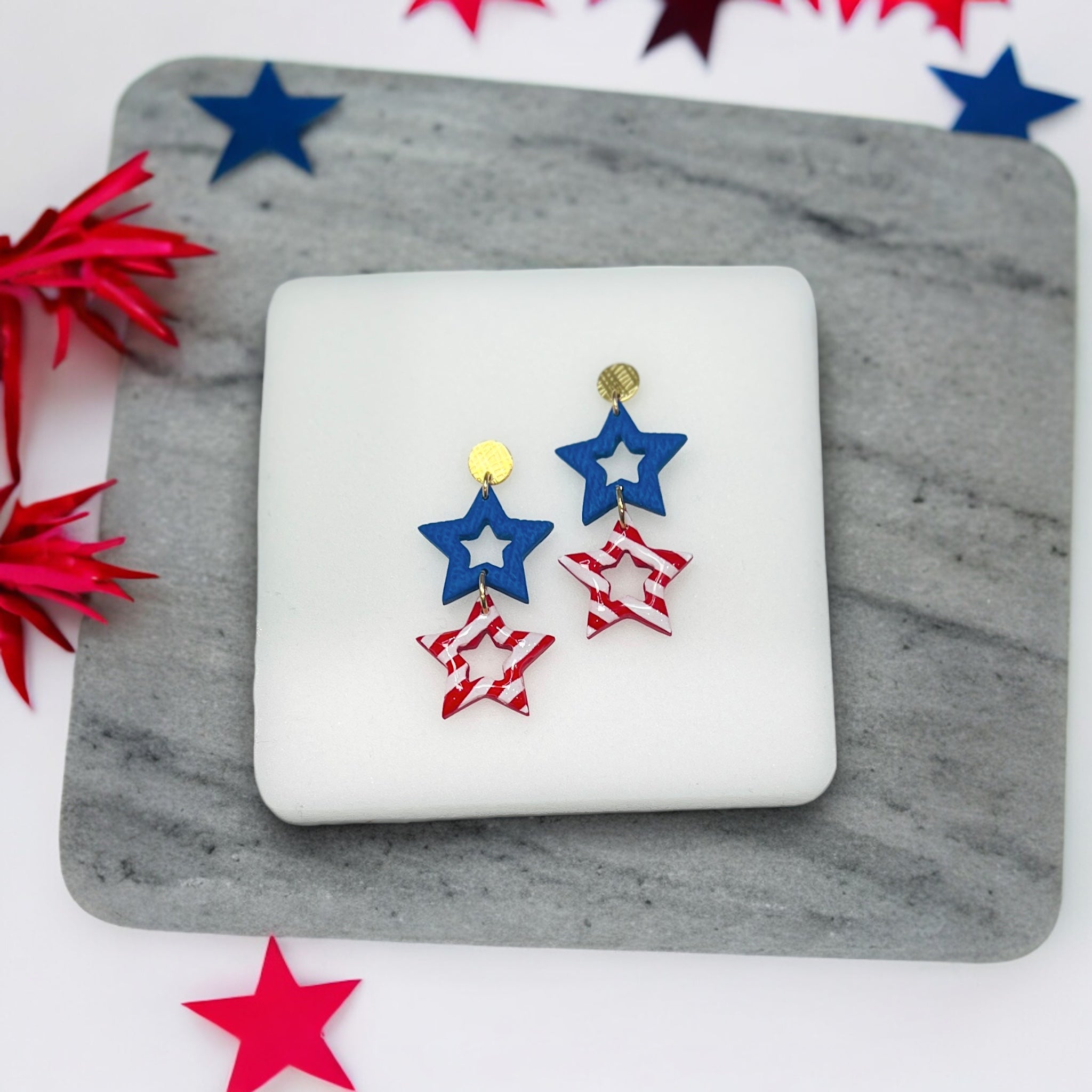 4th of July – Polymer Clay, Red, White, Blue, Double Dangle Star Earrings