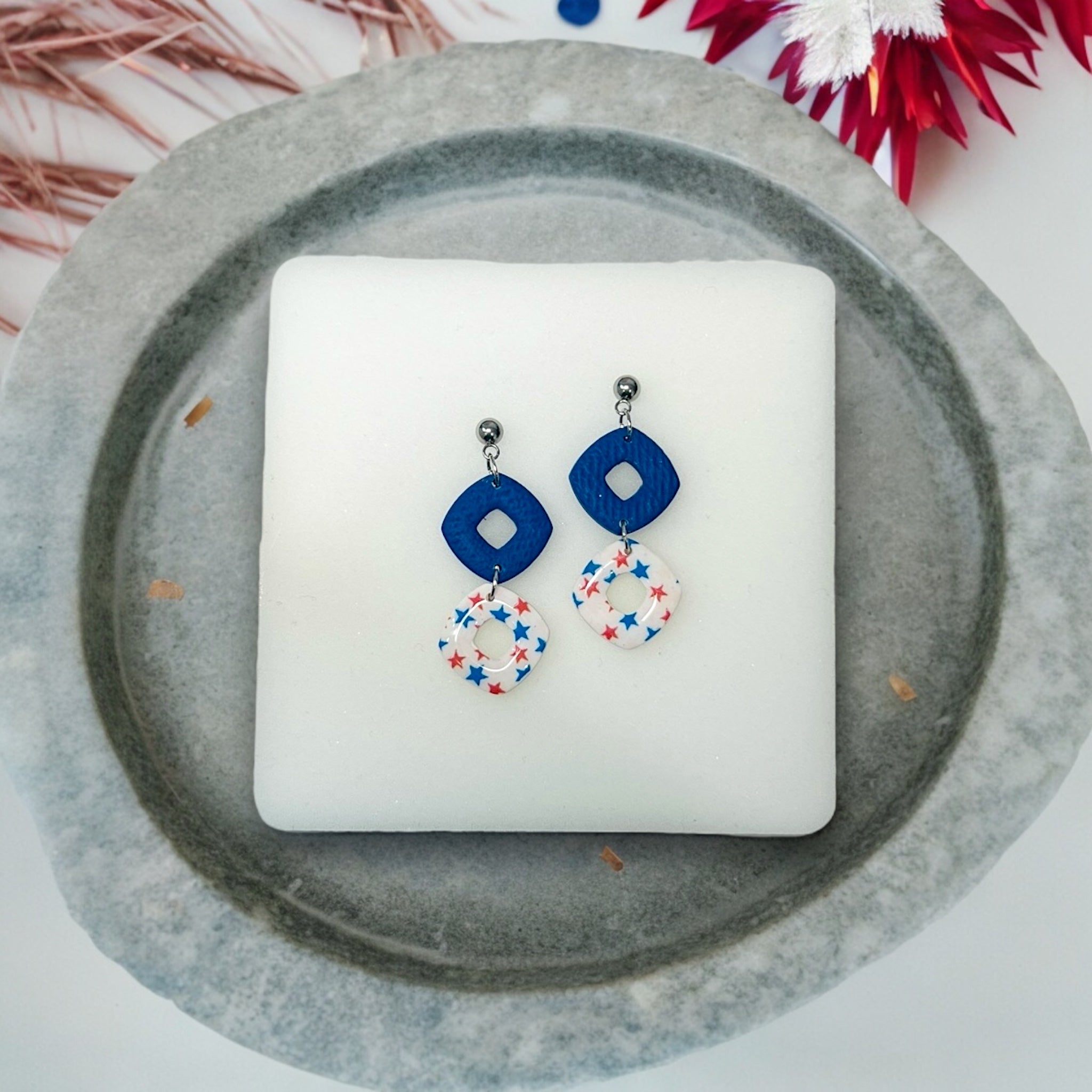 Unique 4th of July Puffy Rhombus Dangle Earrings