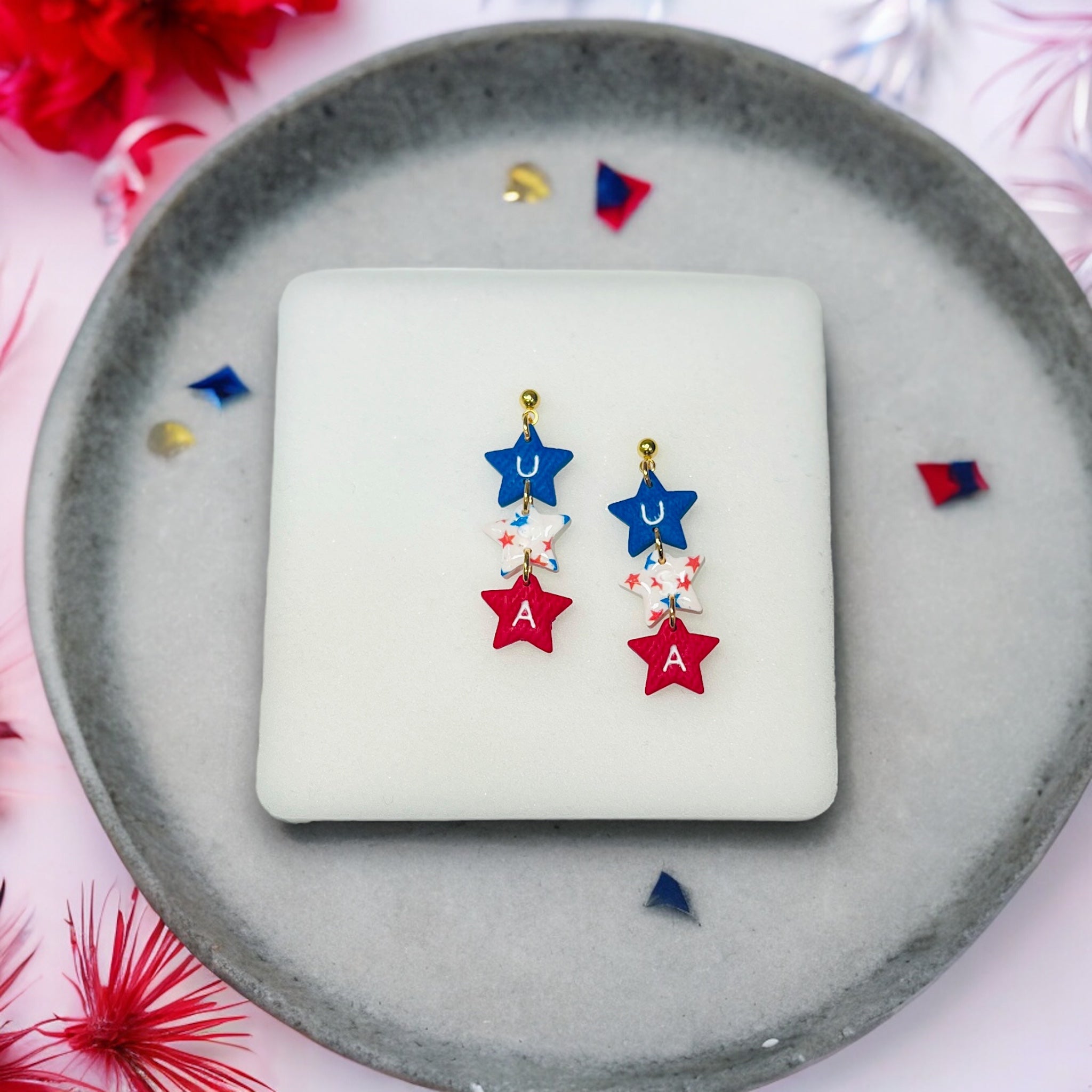 4th of July, USA Star Dangle Drop Earrings