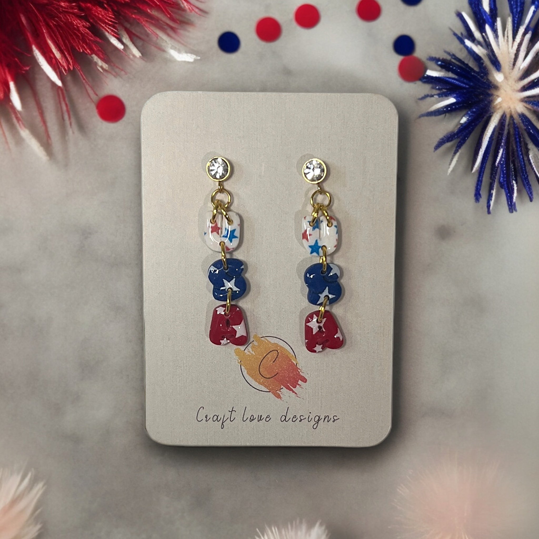 4th of July Puffy USA Dangle Earrings in Red, White and Blue