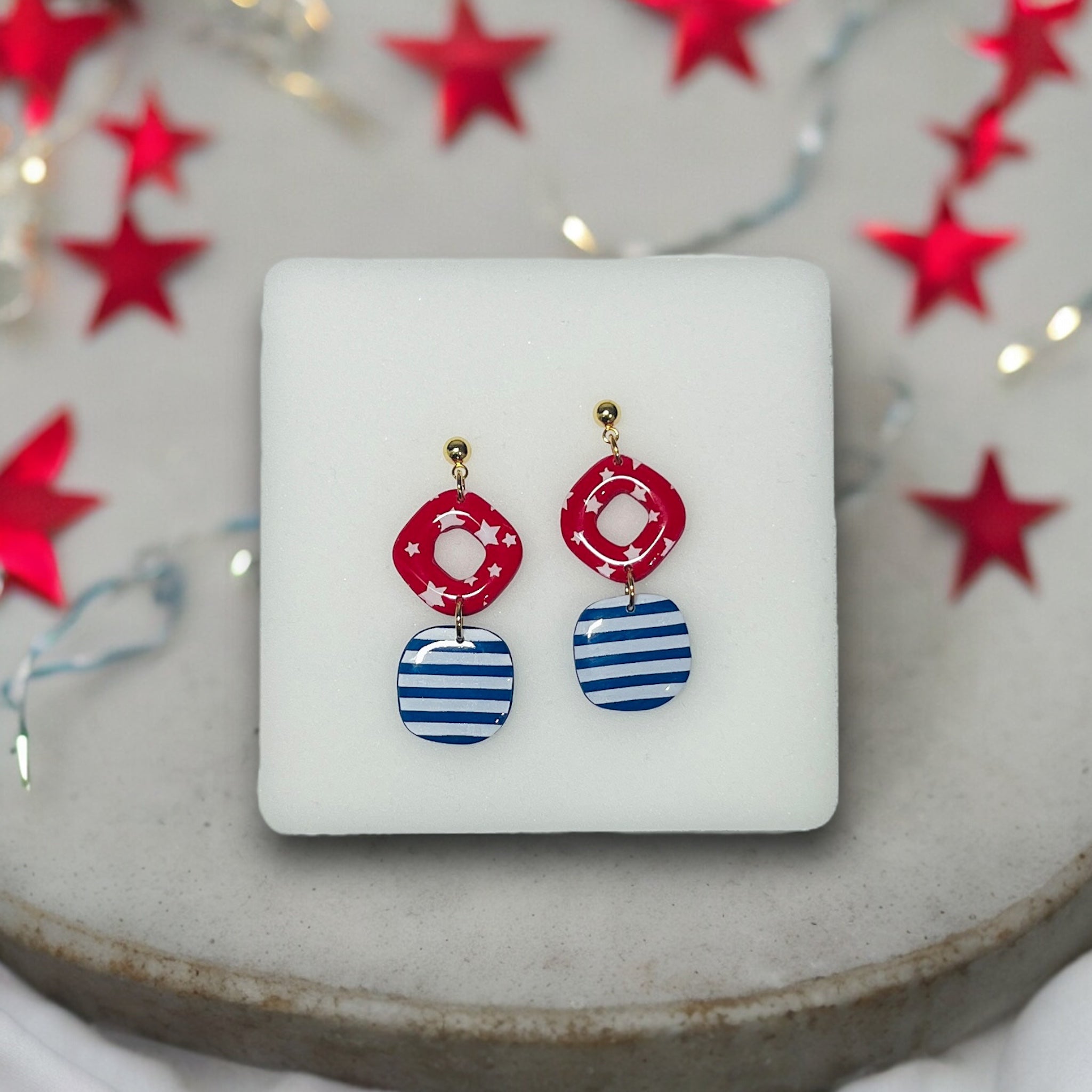 4th of July Unique Handmade Earrings – Red, White, and Blue Rhombus Dangles