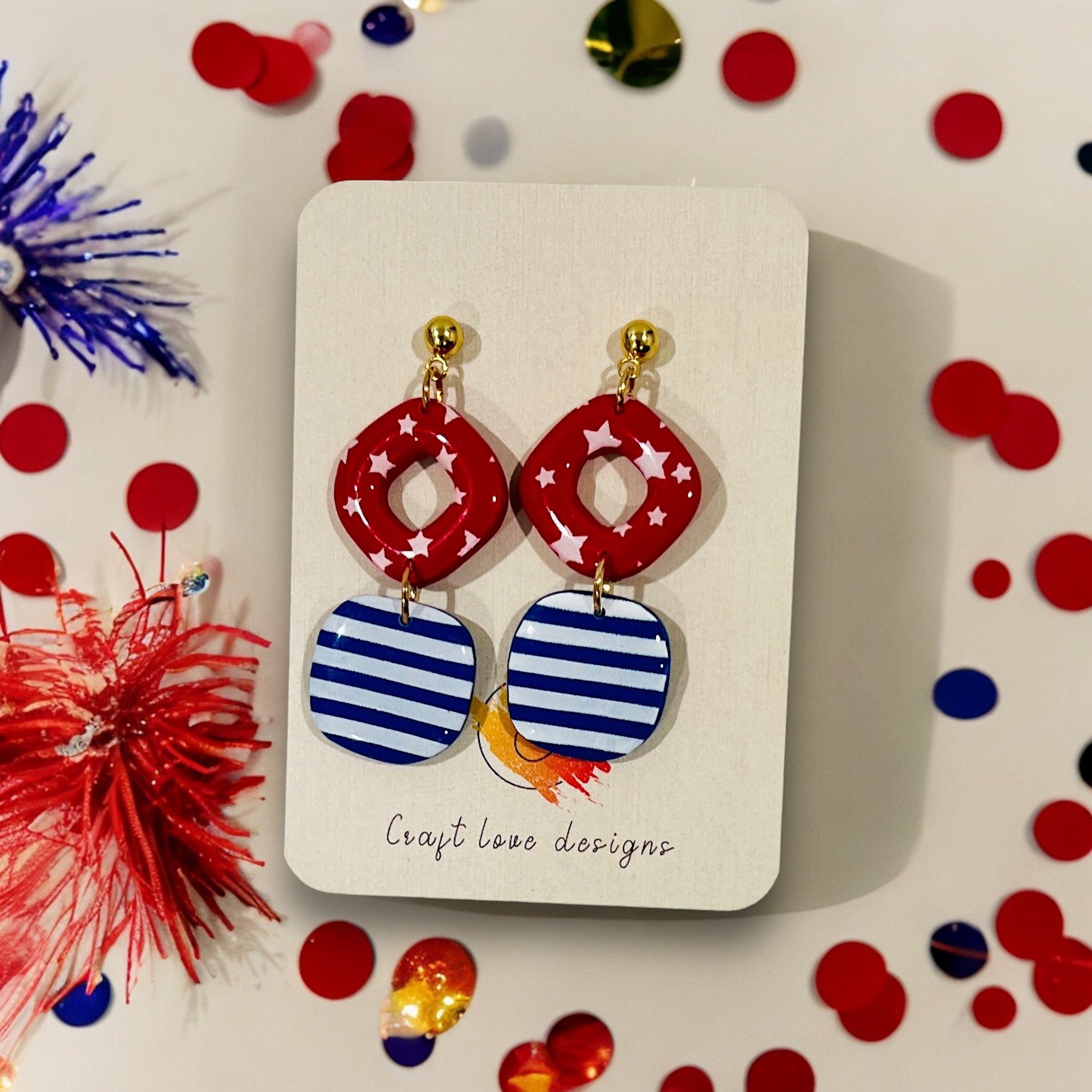 4th of July Unique Handmade Earrings – Red, White, and Blue Rhombus Dangles