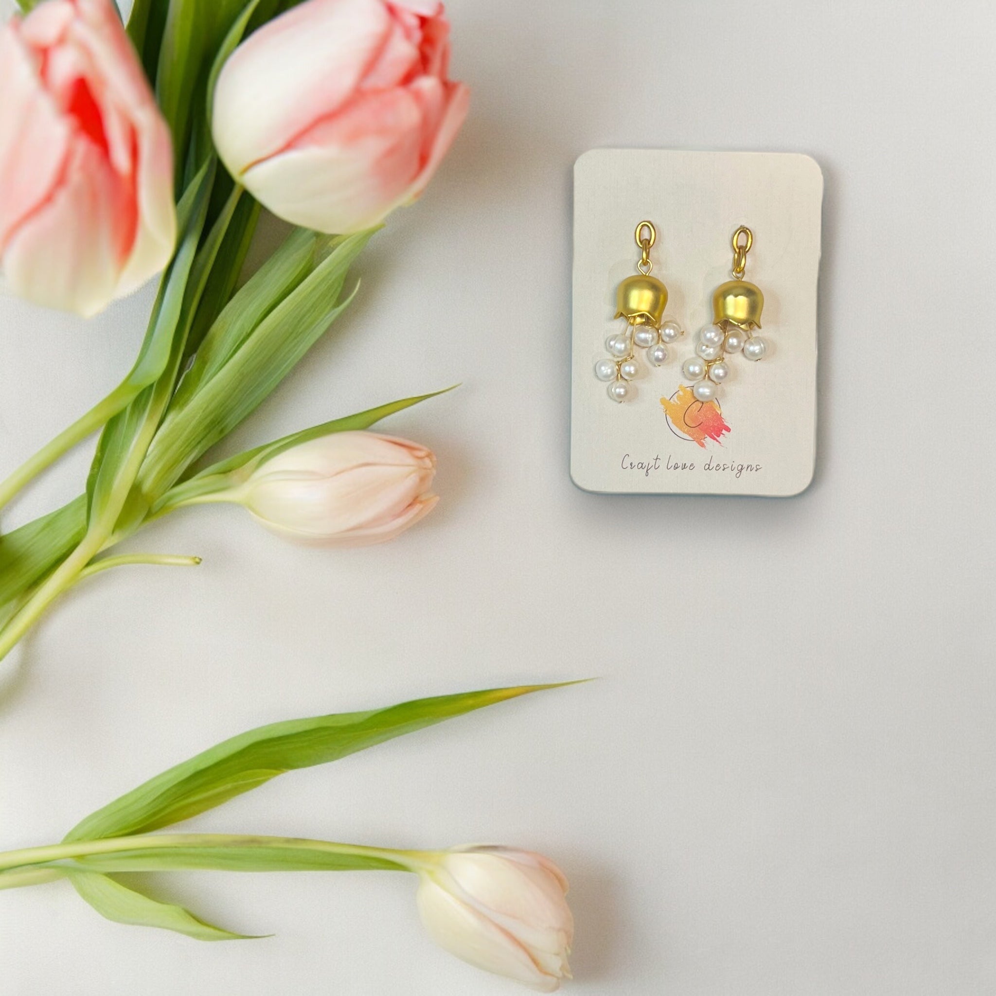 Gold Bellflower Pearl Earring