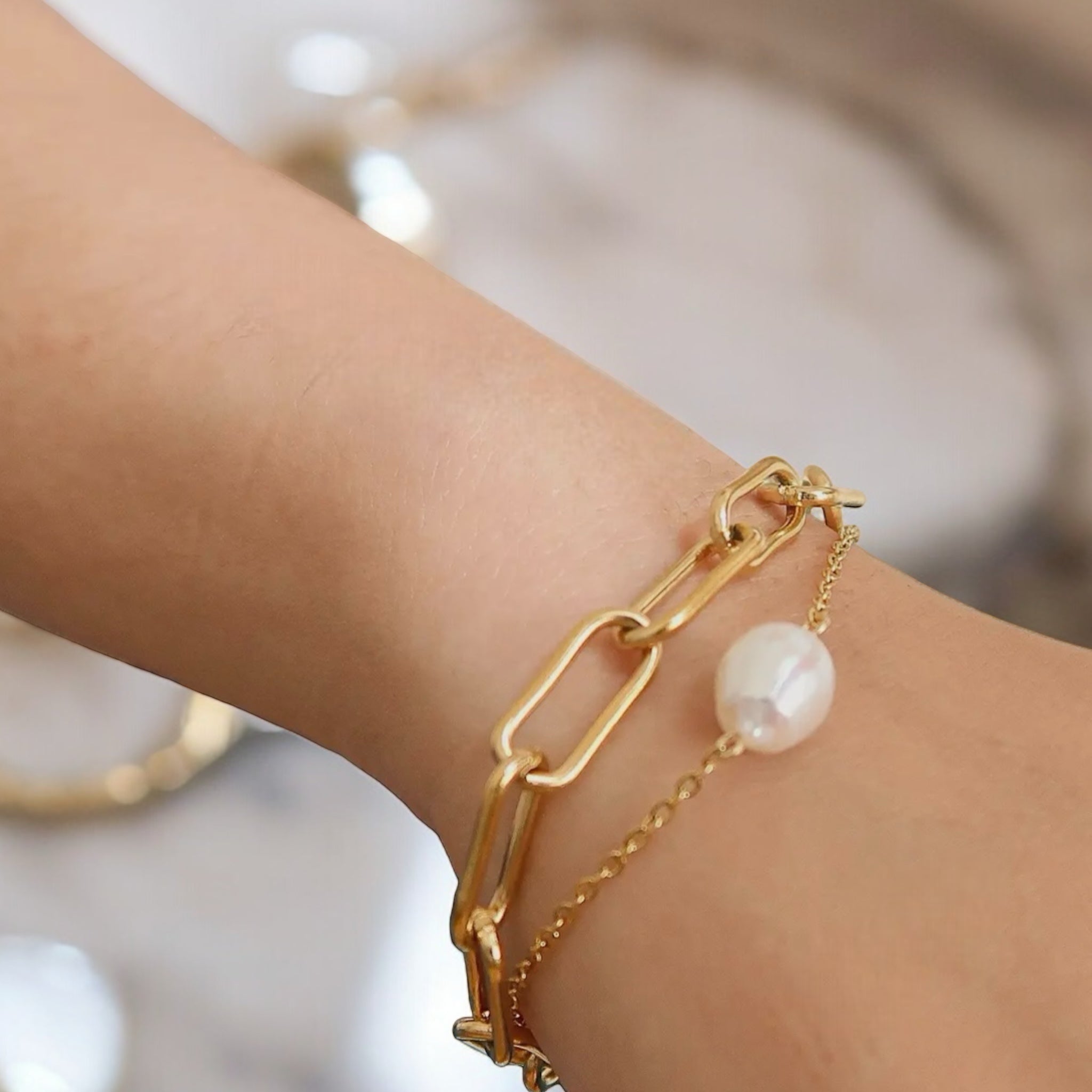 Gold Stacked Chain with Pearl Accent Bracelet