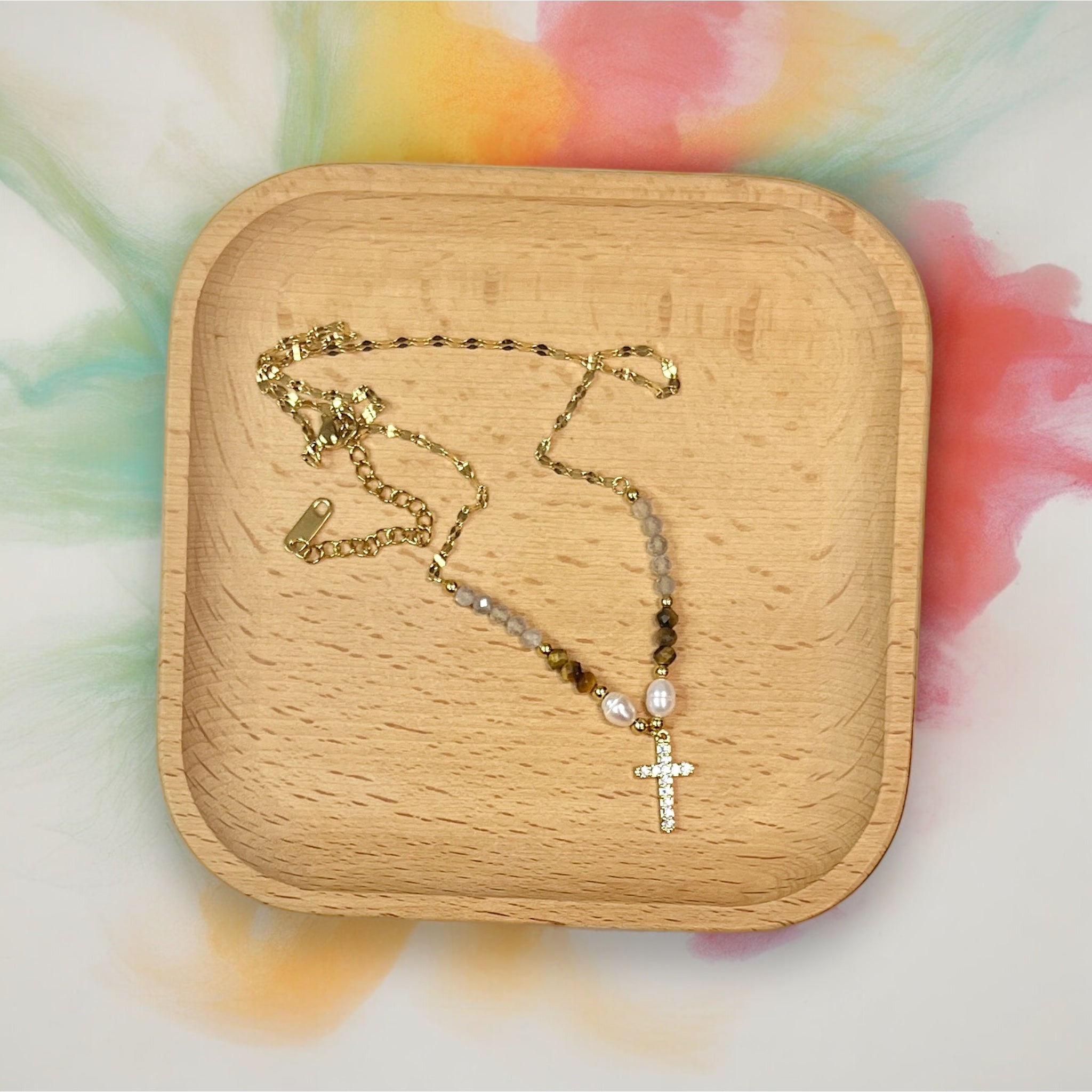 Gold Cross Necklace with Beads and Pearls