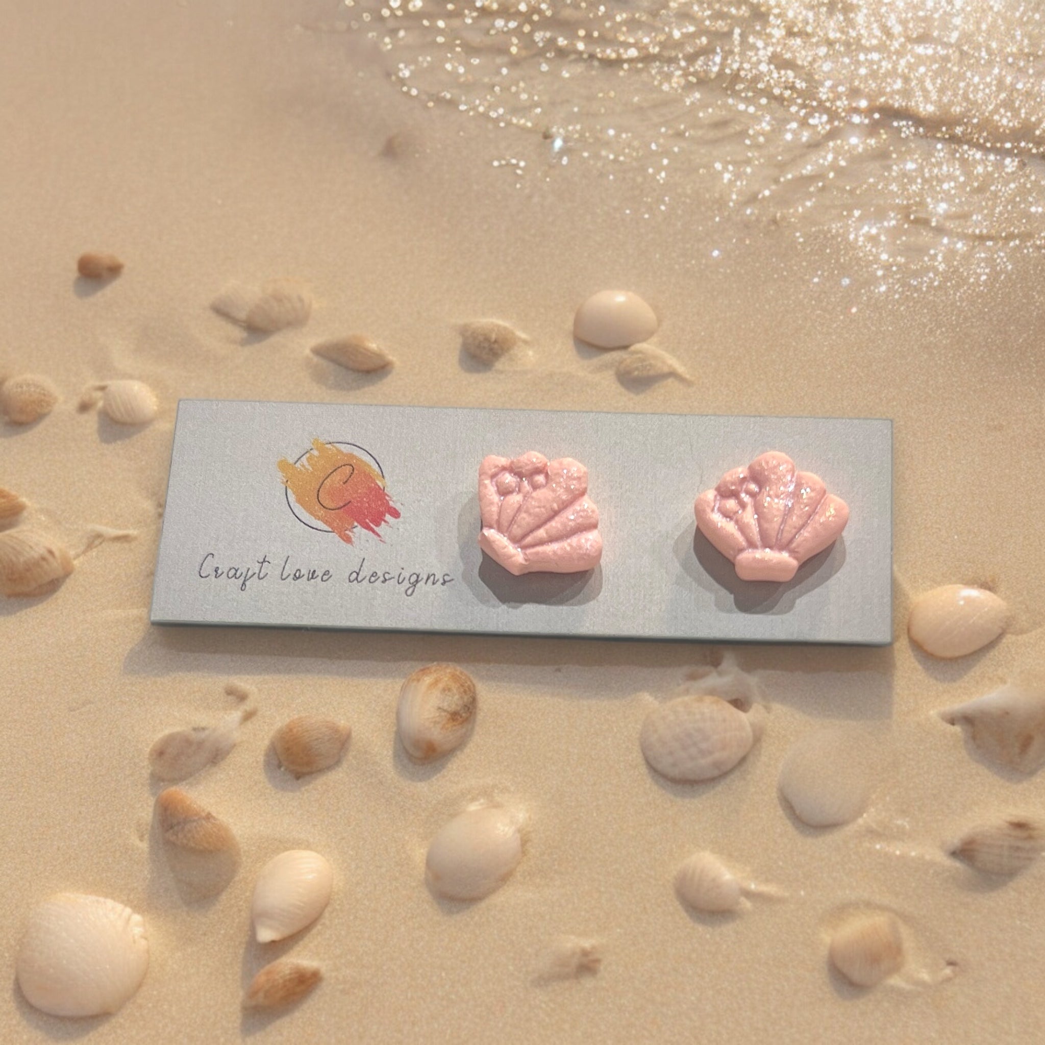 Salmon (Pinky/Orangy) Sparkly Scallop Shell Studs | Cute Beach Earrings | Summertime