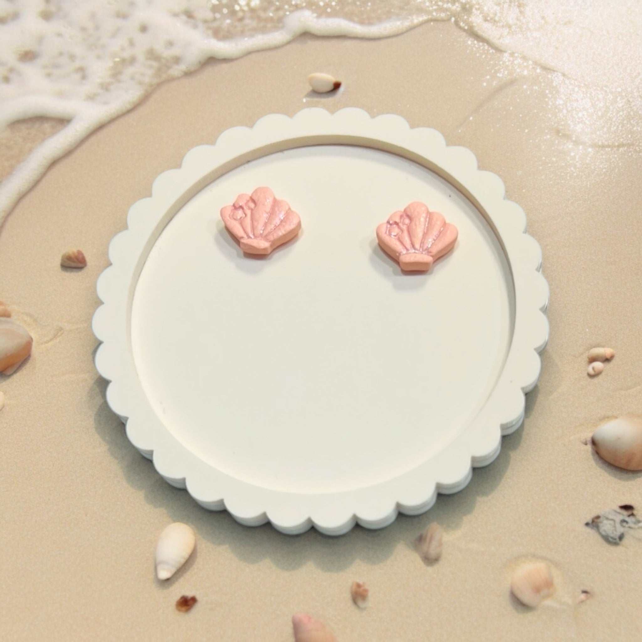 Salmon (Pinky/Orangy) Sparkly Scallop Shell Studs | Cute Beach Earrings | Summertime