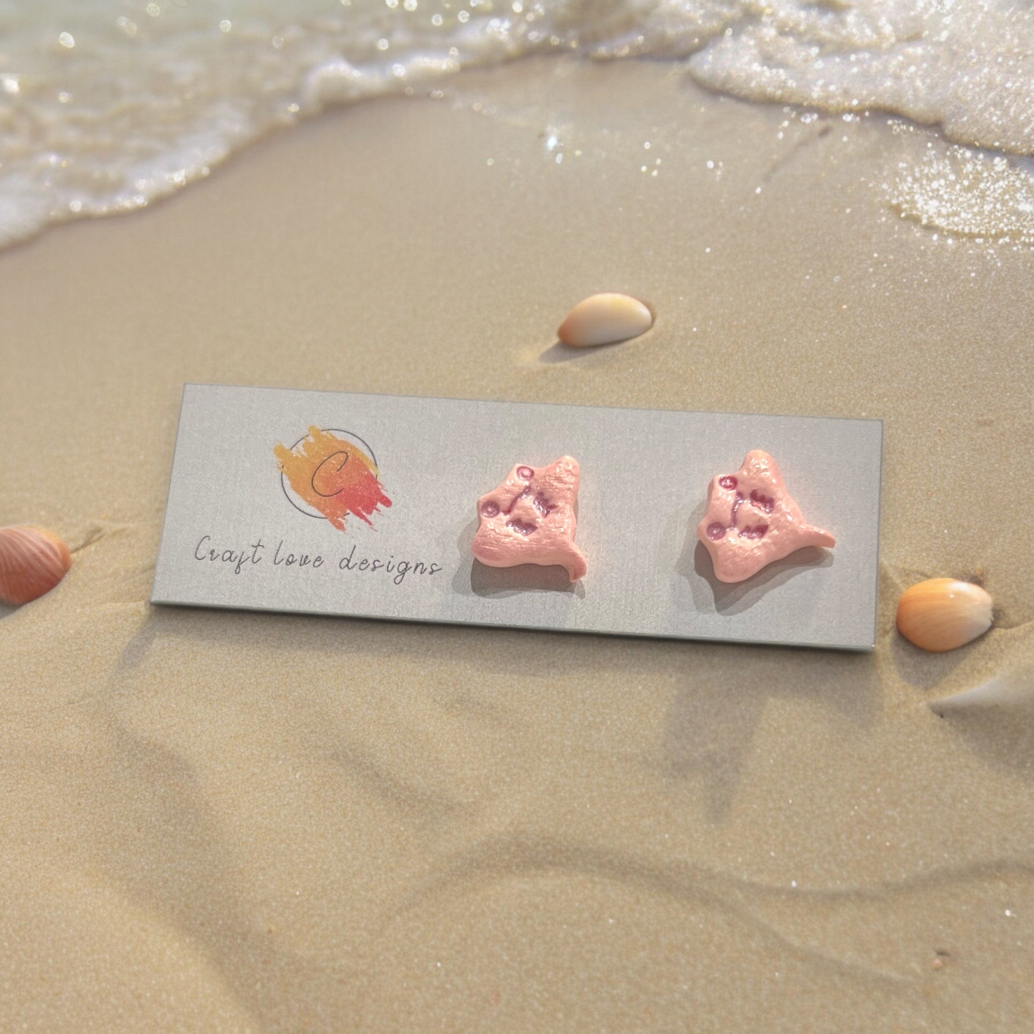 Salmon (Pinky/Orangy) Sparkly Baby Manta Studs | Summertime | Cute Beach Earrings