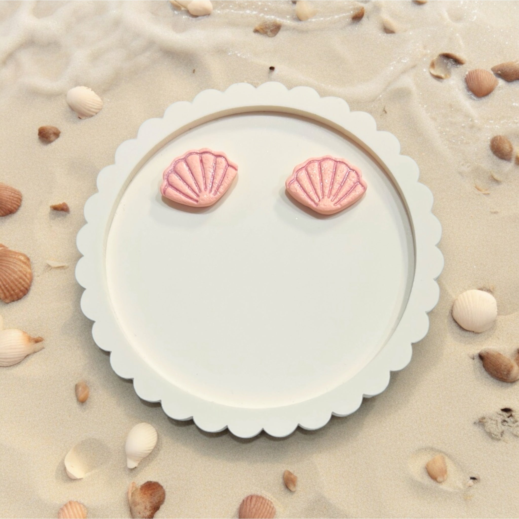 Salmon (Pinky/Orangy) Sparkly Scallop Shell Studs | Cute Beach Earrings | Summertime