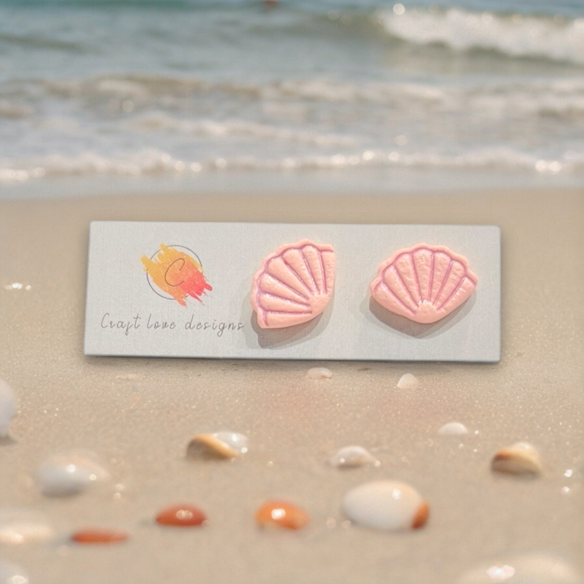 Salmon (Pinky/Orangy) Sparkly Scallop Shell Studs | Cute Beach Earrings | Summertime